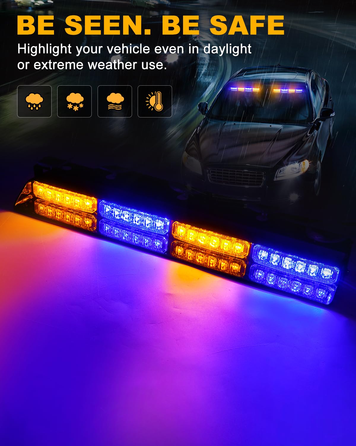 Hlauto 6Z4J Emergency Dash Strobe Lights: 2X16.8 Inch Blue Amber Safety Lights, 48 Led Flashing Warning Hazard Interior Windshie
