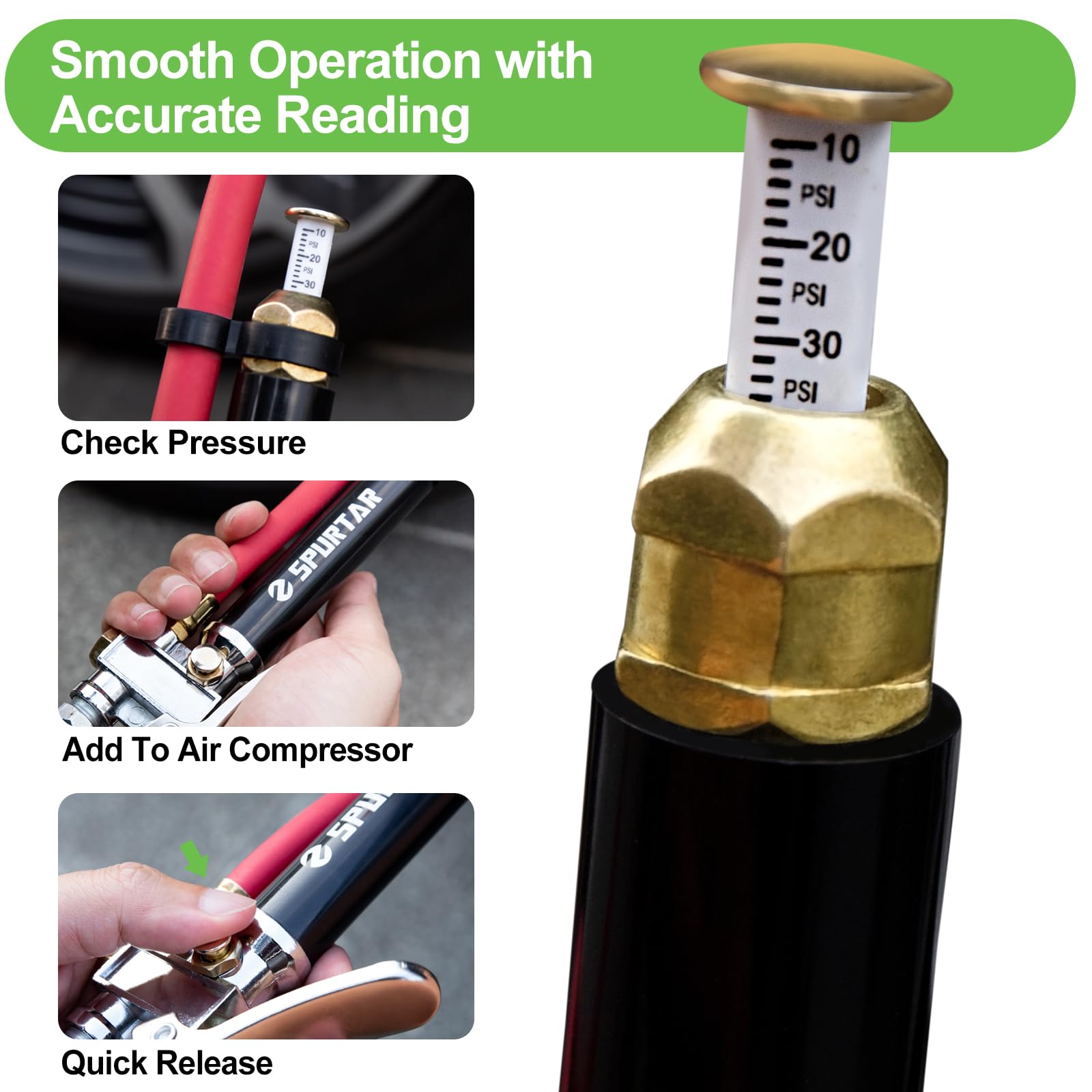 Spurtar 10-120 Psi Heavy Duty Tire Inflator Gauge Air Chuck With Pressure Gauge With 4 Way Tool And Valve Cores Tire Pressure Ga