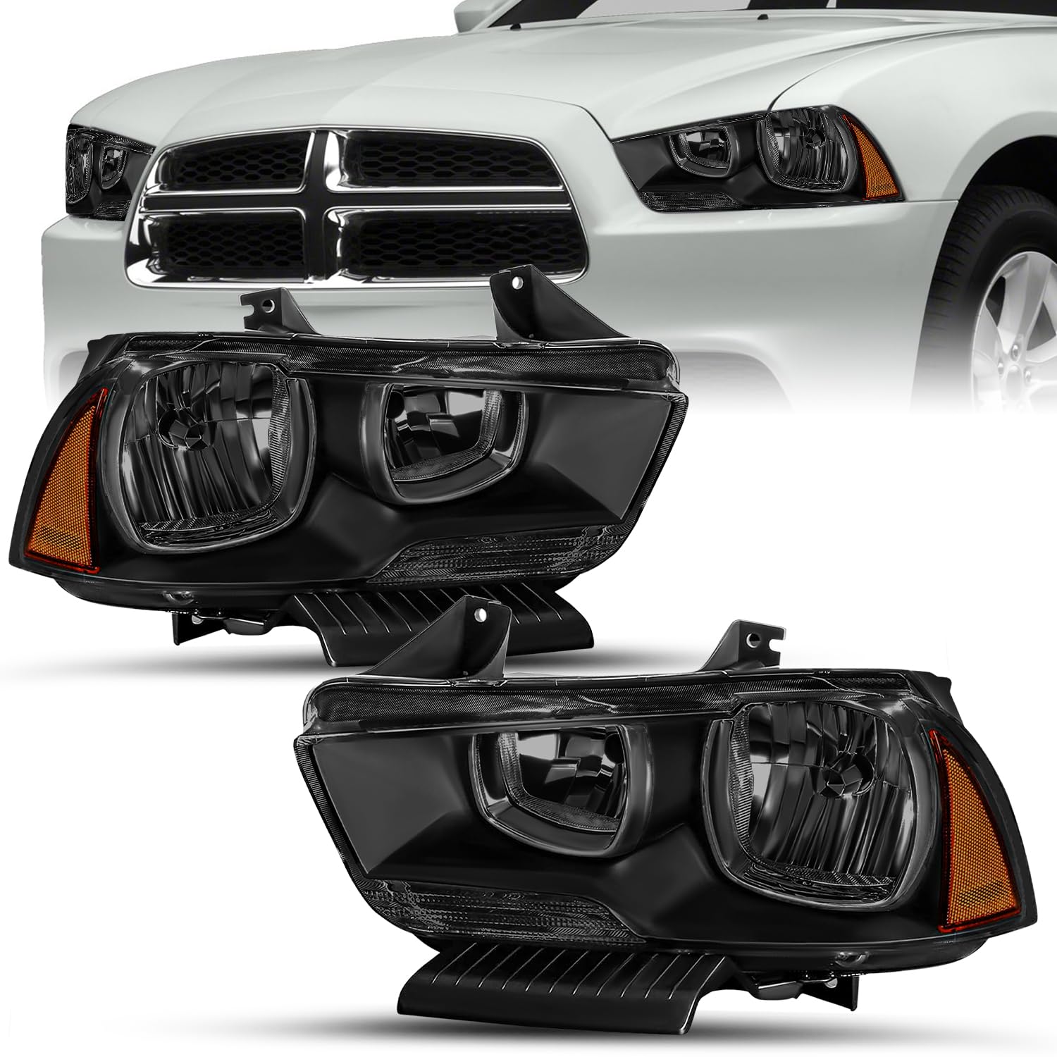 SOCKIR Halogen Headlight Assembly Compatible with 2011-2014 Dodge Charger Headlamp Not Fitting HID model Black Smoke