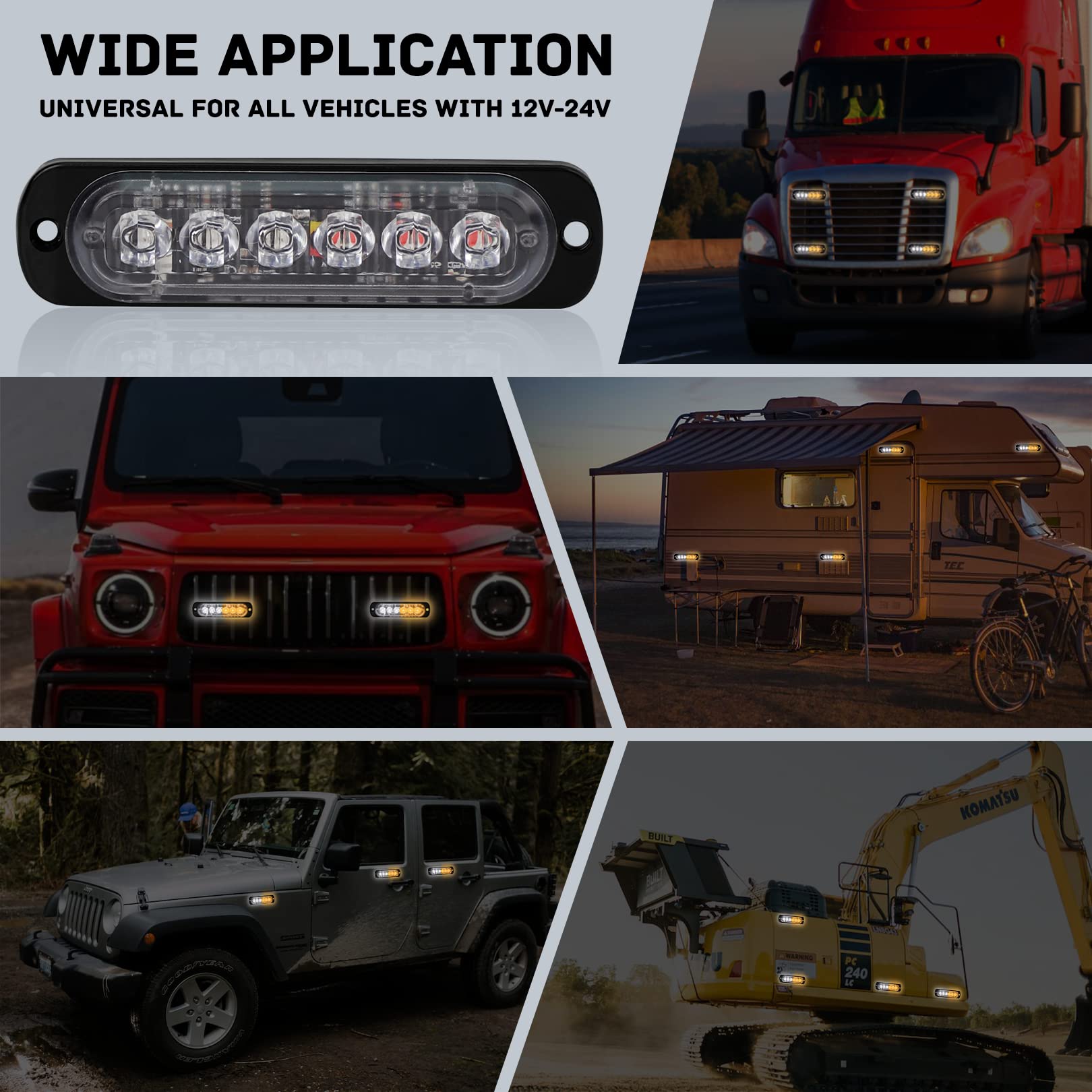 4-Pack 6 Led Amber Strobe Lights Vehicles Trucks Emergency Lights Kit 12V -24V Warning Hazard Flash Lights Bar Grill Grille Surf