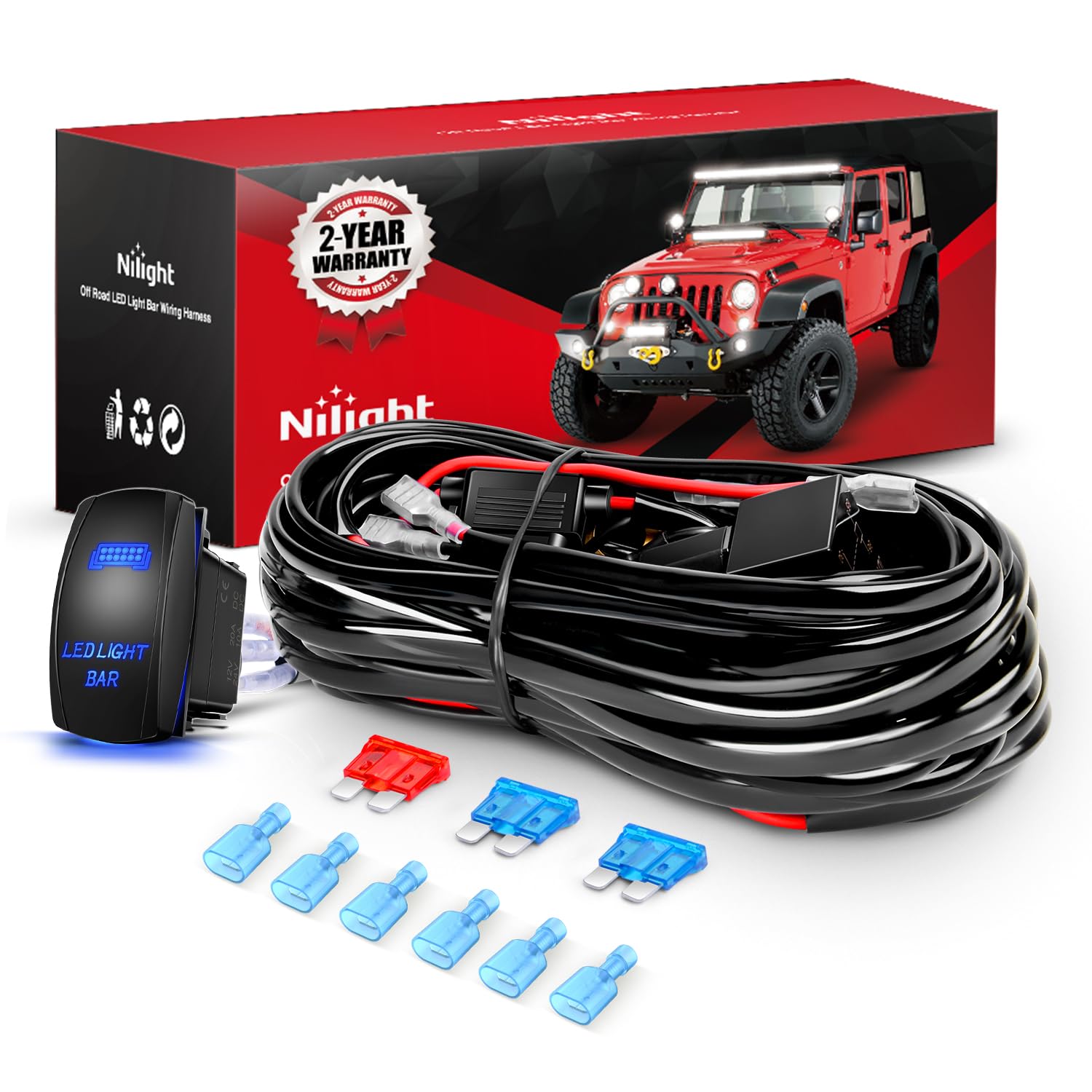 Nilight 16Awg Led Light Bar Wiring Harness Kit 12V On Off 5Pin Rocker Switch Laser Waterproof Toggle Power Relay Blade Fuse For