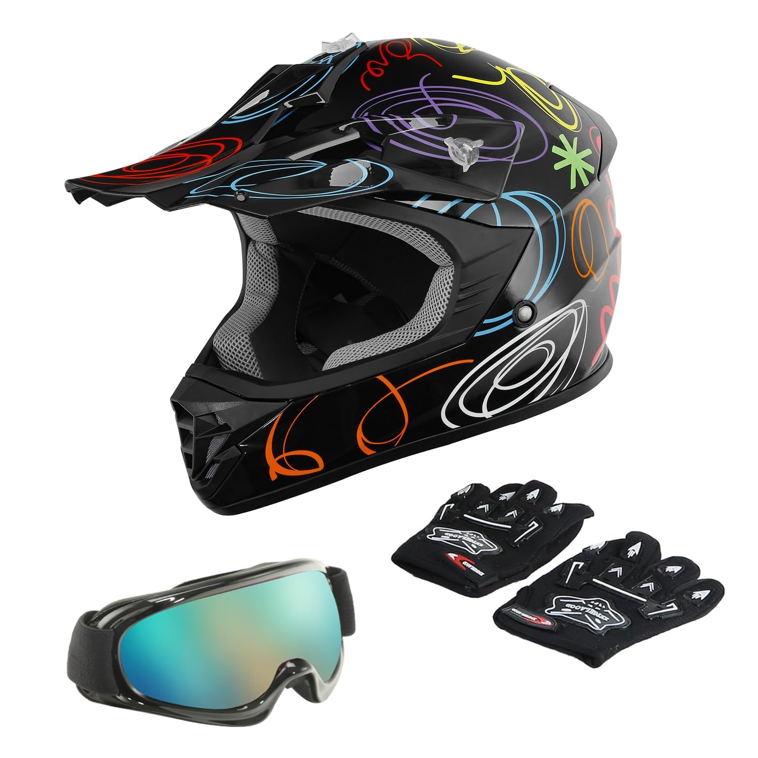 Tct-Motorparts Dot Youth Kids Motocross Atv Helmets Offroad Street Dirt Bike Go-Kart Bmx Mx Full Face Helmet Black W/Graffiti La
