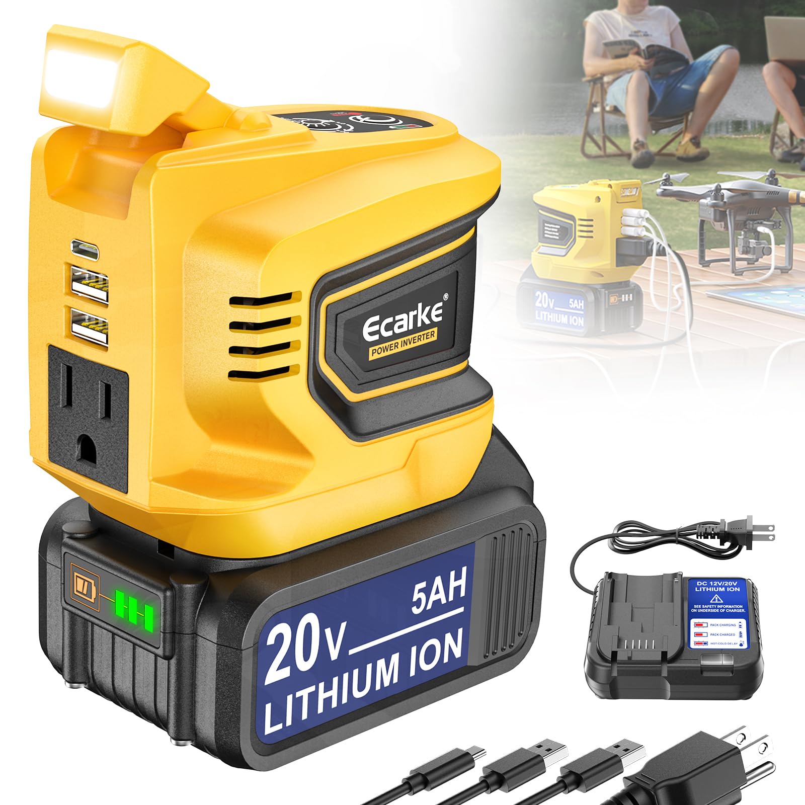 Power Inverter,200W Portable Power Station Generator for DeWALT 20V,Battery Inverter 20v to AC 110v,Supply Charger Adapter with 
