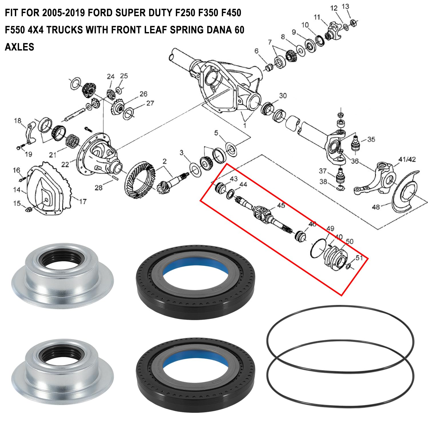 Front Axle Vaccum Knuckle Seal & Hub O-Ring & Dust Seals Kit Compatible With Ford Super Duty F250 F350 F450 F550 Dana Super 60 (