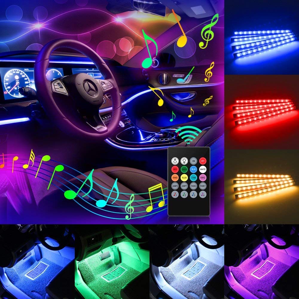 Sunva Car Led Strip Light Interior, Sound Active 4 Lines 48 Leds Multicolor Music Sync Interior Car Lights Under Dash Waterproof