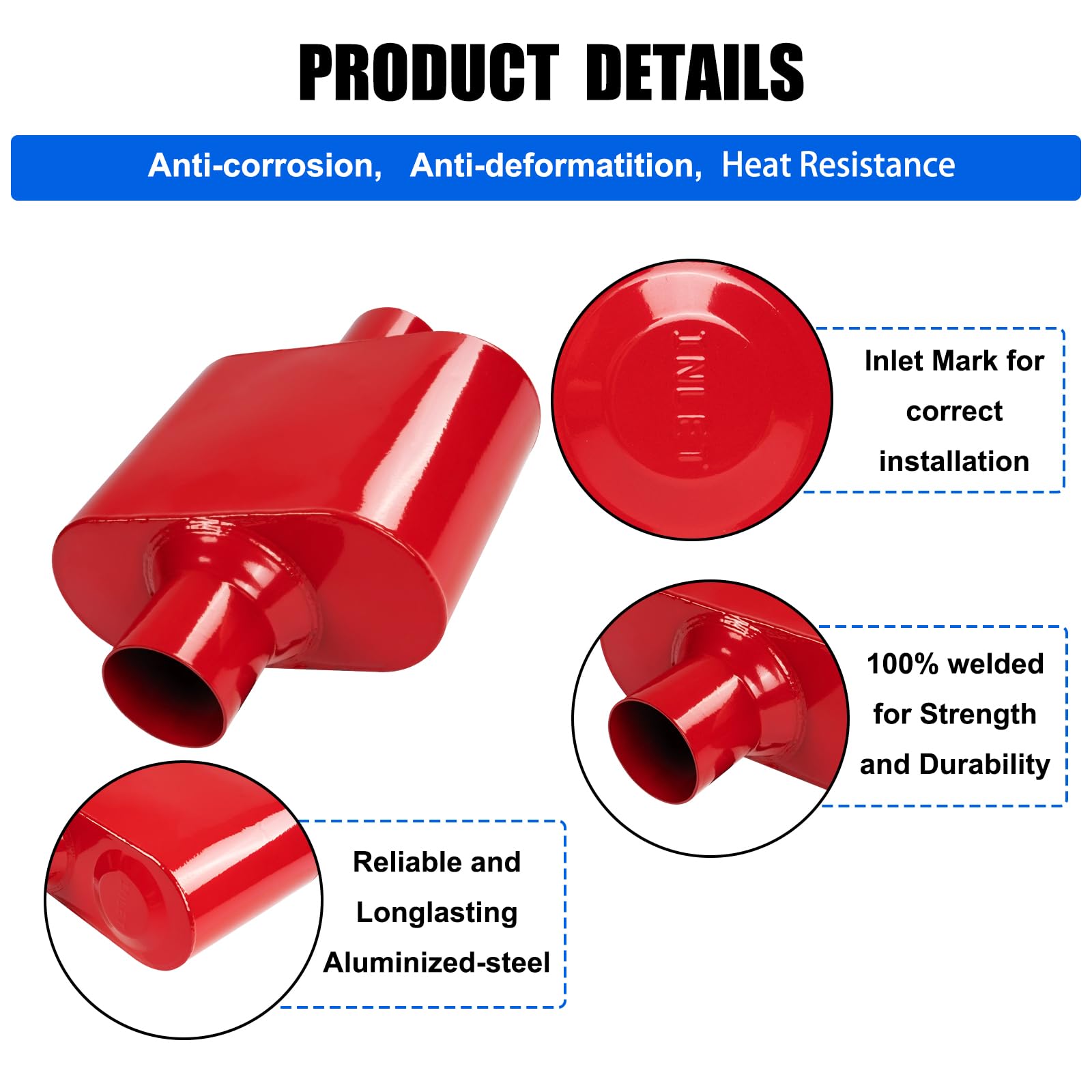 Floshine Universal Mufflers,Performance Automotive Exhaust Muffler,Single Chamber 2.75 Inch Inlet (Id) 2.75 Inch Outlet (Id) Red