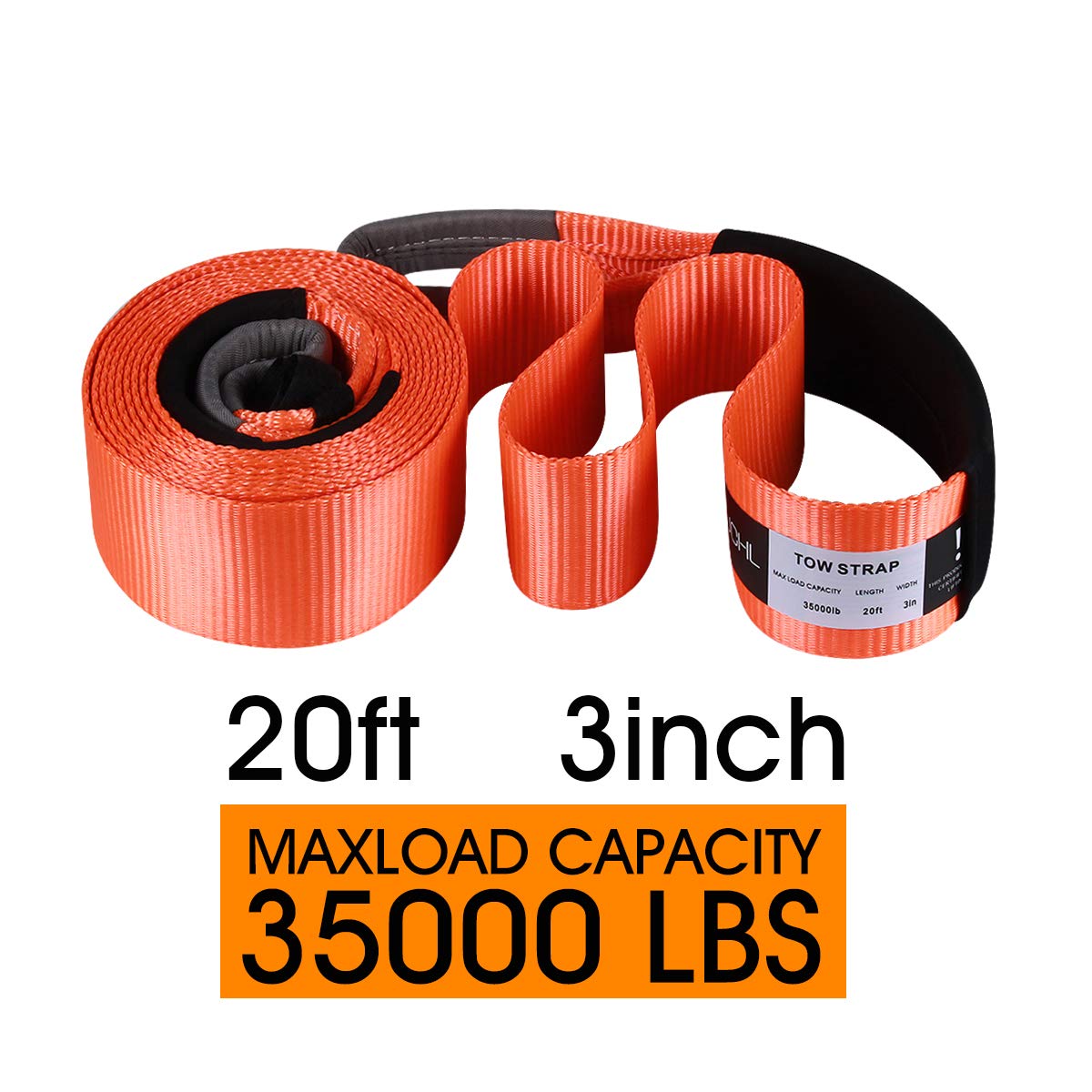Jchl Recovery Tow Strap Heavy Duty Polyester Recovery Strap 3'' X20Ft 35000Lbs (18Ton) Rated Capacity Off Road Towing Rope, Rein