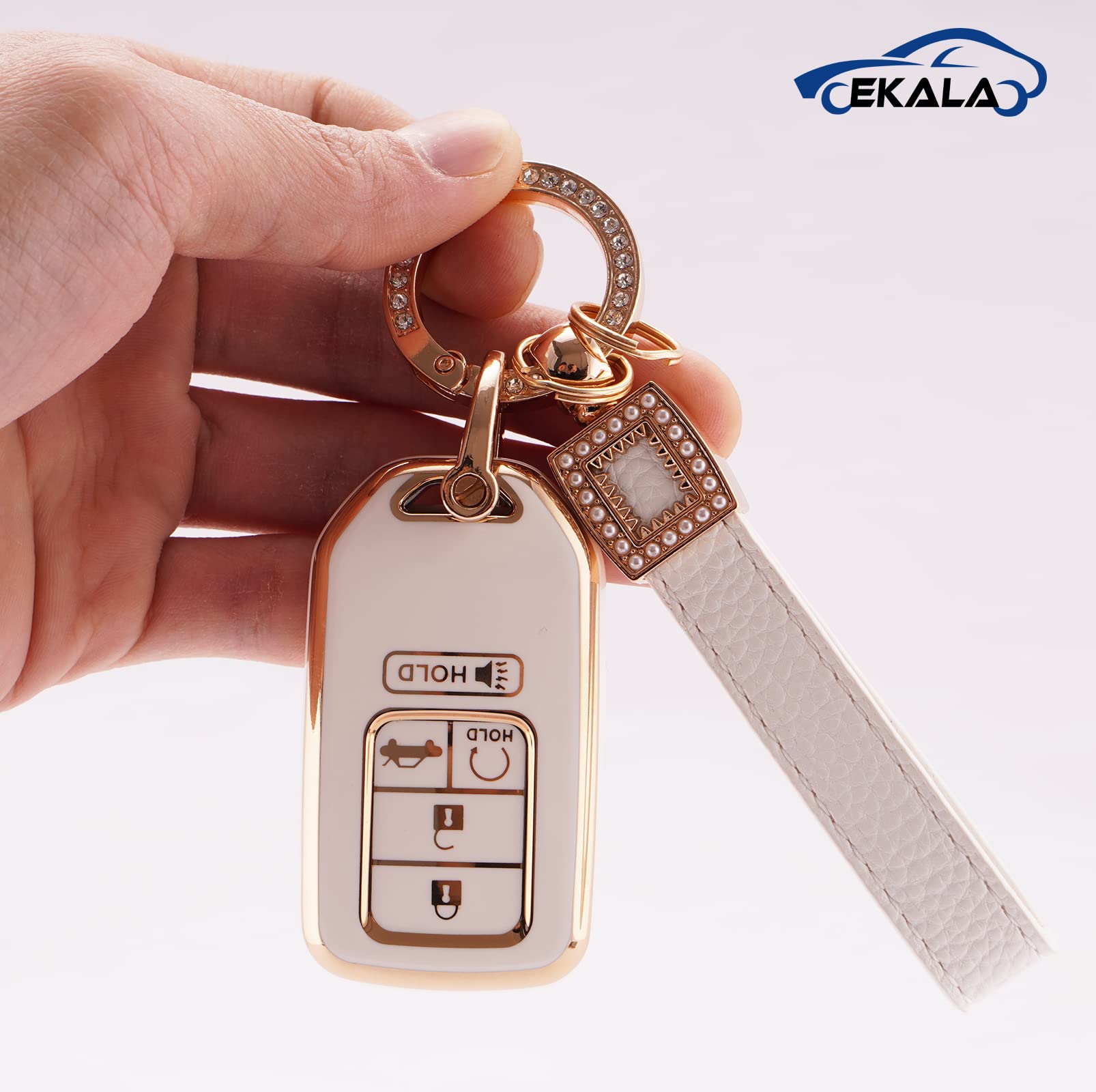EKALA Honda Key Fob Cover with Leather Keychain, White, Compatible with Accord Civic CR-V Odyssey Pilot Key Fob