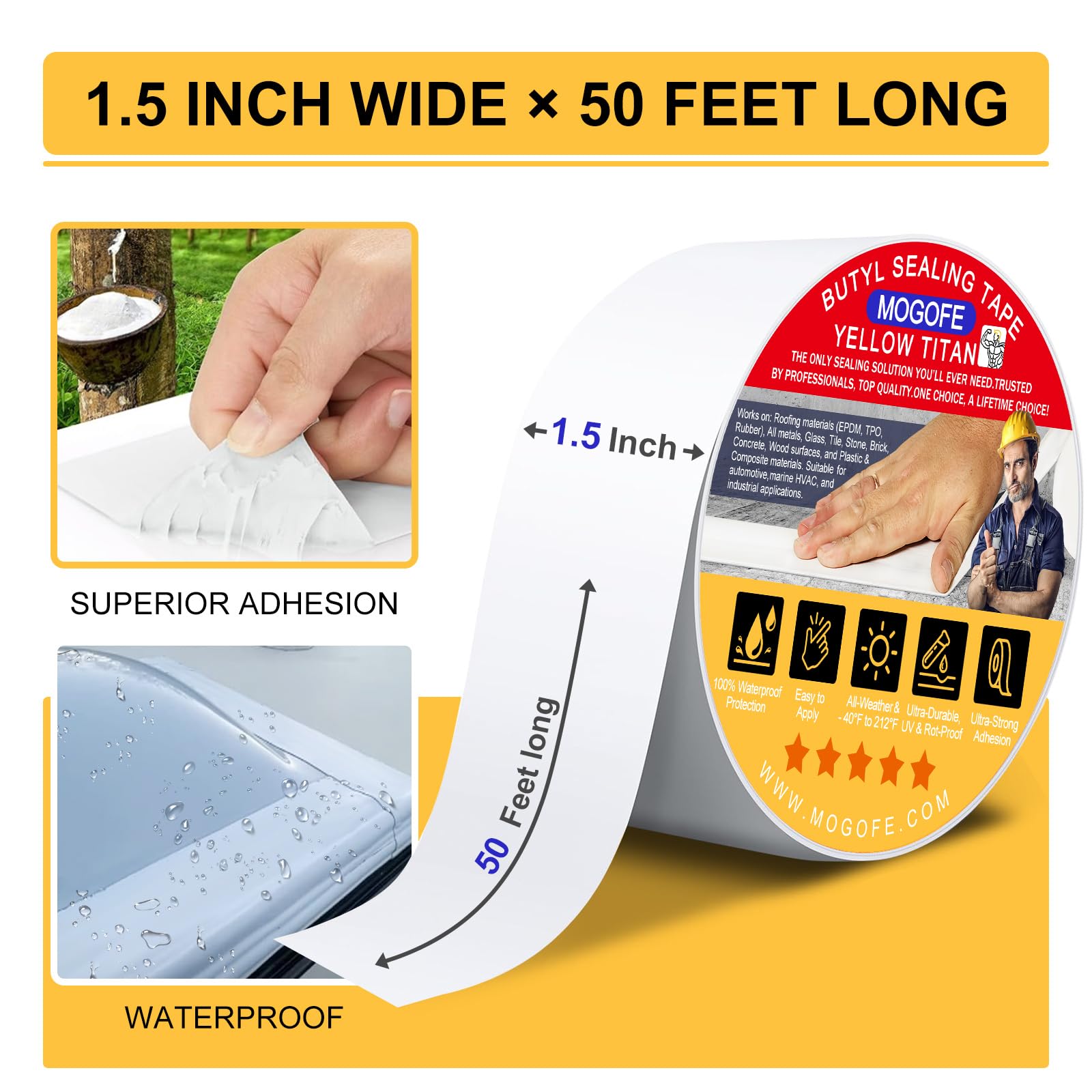 RV Roof Sealant Tape White, MOGOFE 1.5 Inch x 50 Feet RV Repair Roof Sealer Seal Tape UV-Resistant Waterproof Sealant Tape for R