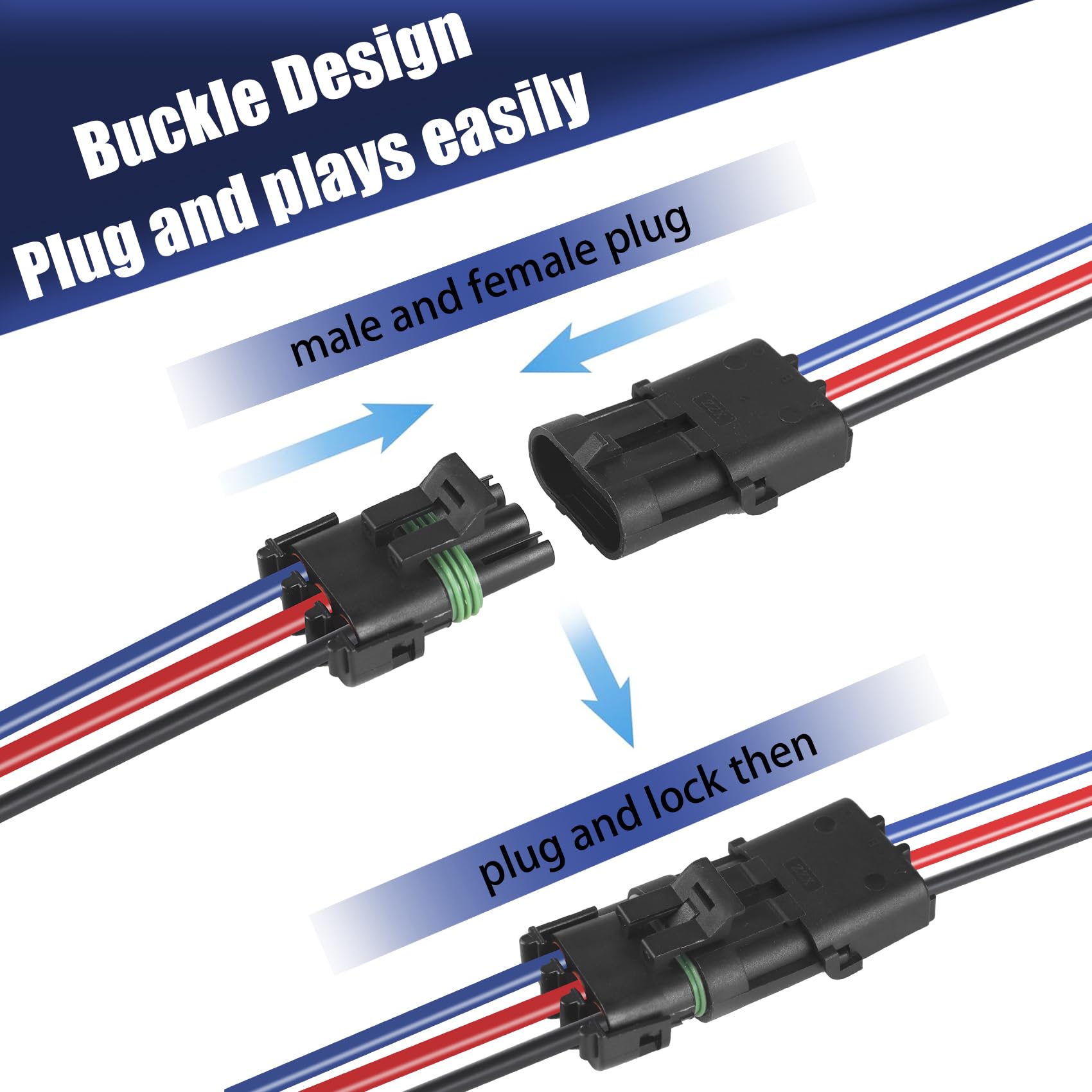 MUYI Weatherpack Connector Kit, 3 Pin Way Electrical Connectors Automotive Waterproof Wire Connection (14AWG, 3 Pack)