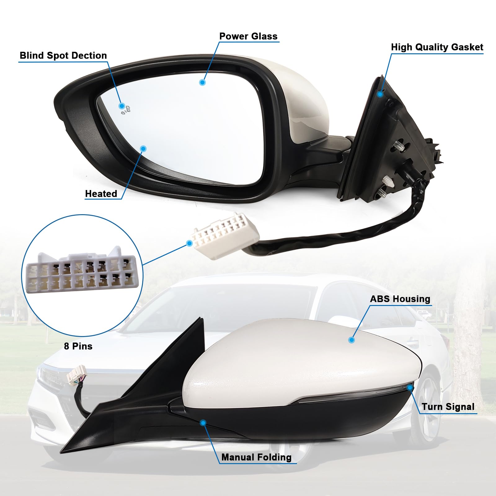 Lqito Left Driver Side Mirror Fits 2018-2022 Honda Accord With Power Glass, Heated, Blind Spot Detection,Turn Signal And Manual