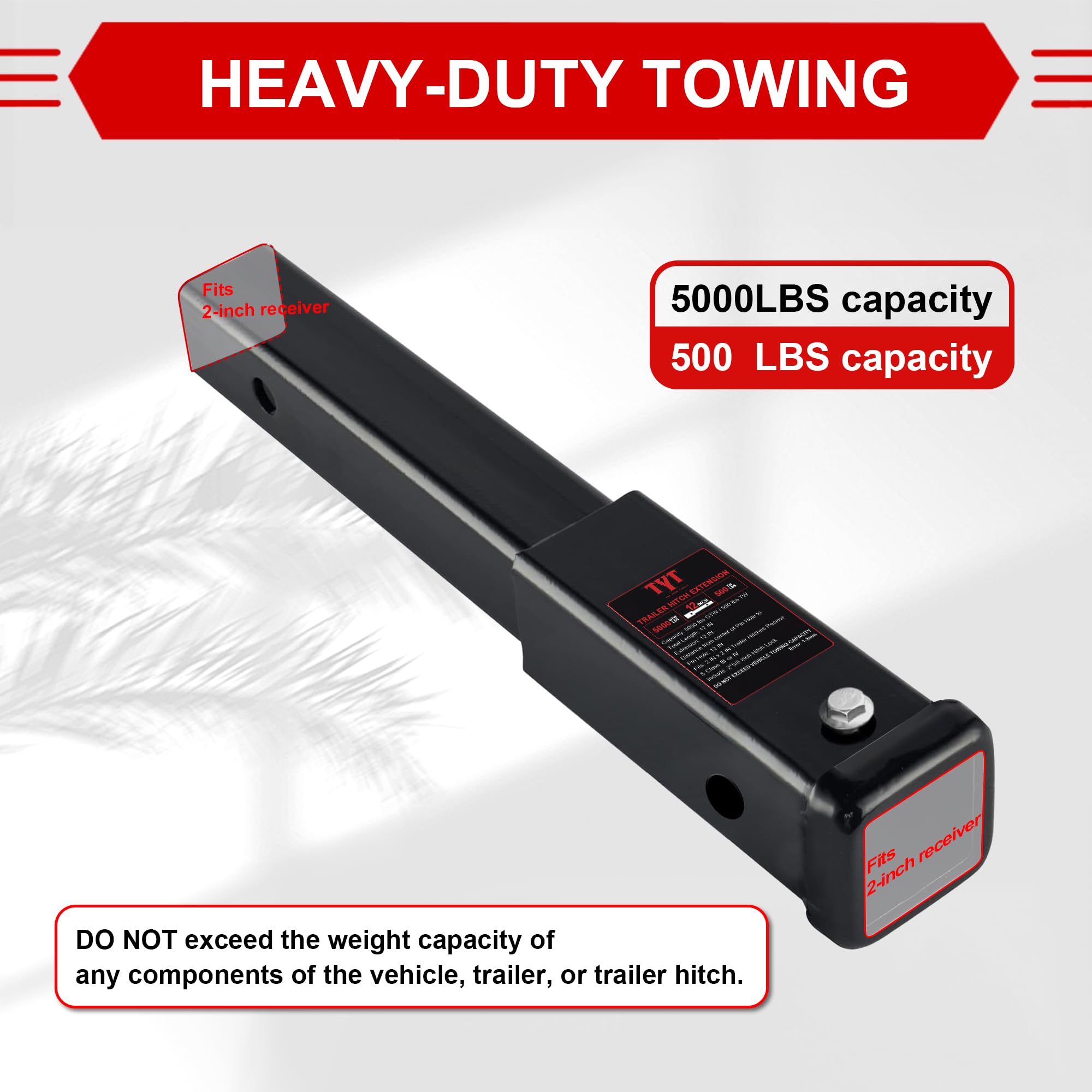 Tyt 12 '' Trailer Hitch Extension For 2 '' Receiver Tube Extender, Tube Extension Receiver With 2 Sets Of 5/8 '' Premium Hitch P