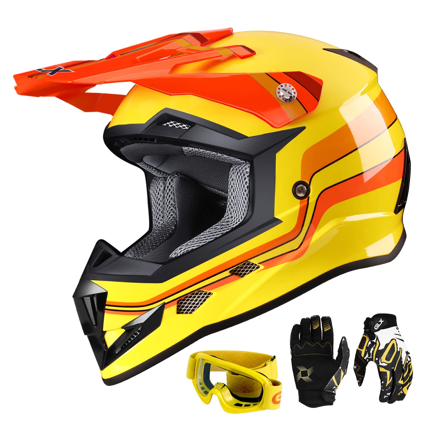 Glx Gx623 Youth Atv/Dirt Bike Helmet Combo - Retro Yellow, Small - Dot