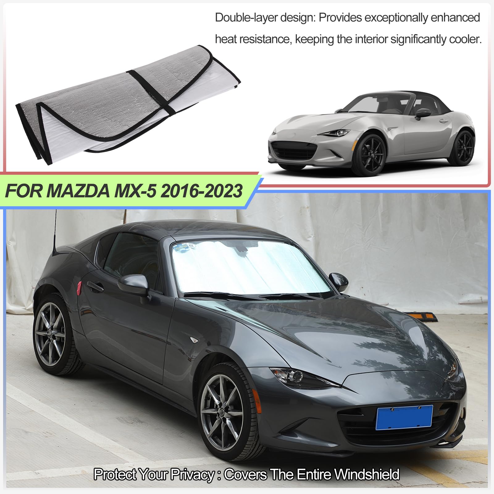 Windshield Sunshade For Mazda Mx-5 Miata 2016-2024, Front Window Sun Shade, Foldable Reflective Sun Visor, Screen Shield Cover Uv Blocker Protector Heatshield Keeps Your Vehicle Cool (Silver)