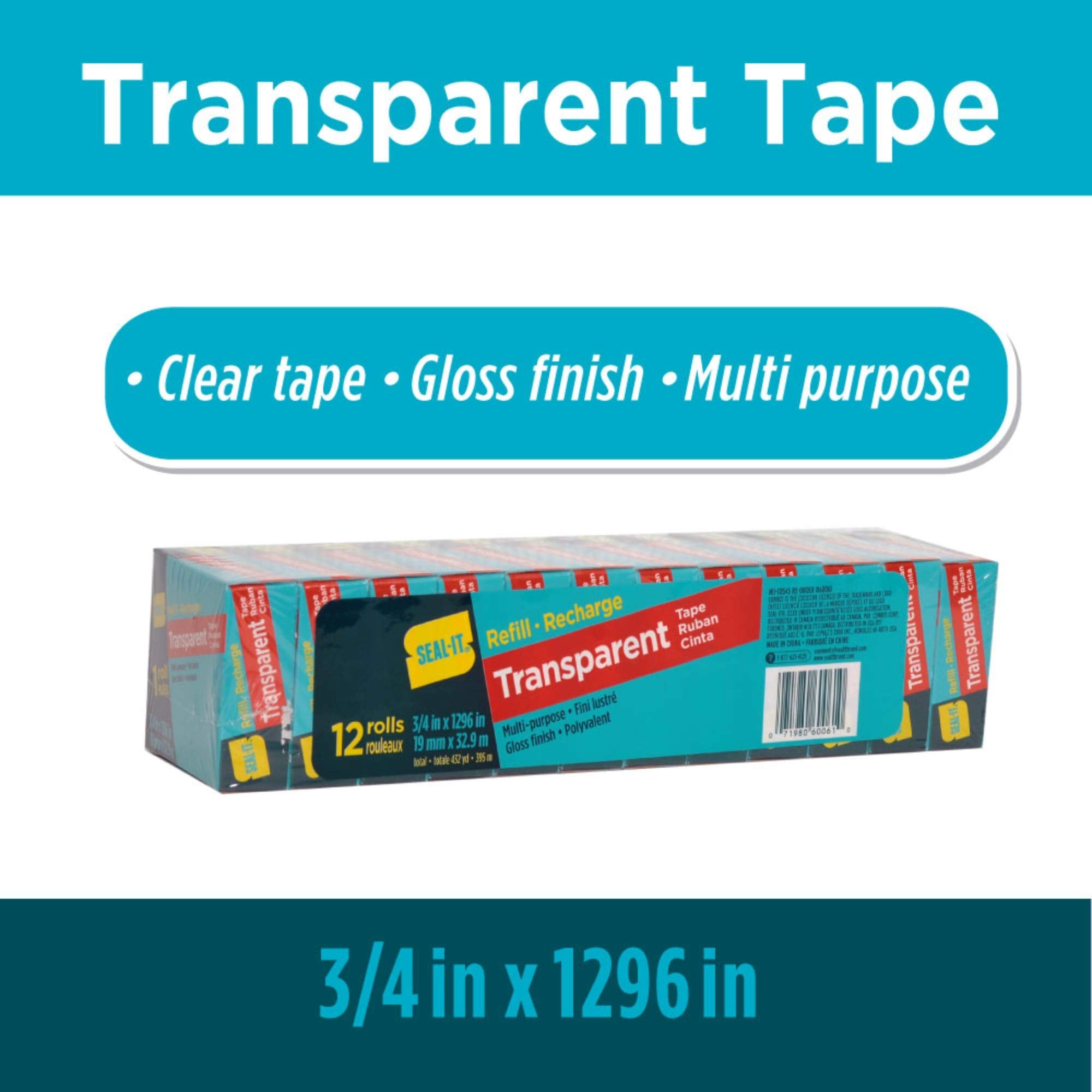 Seal-It Transparent Stationery Tape Refill Rolls (3/4In X 1296In), 12Pk (60061)
