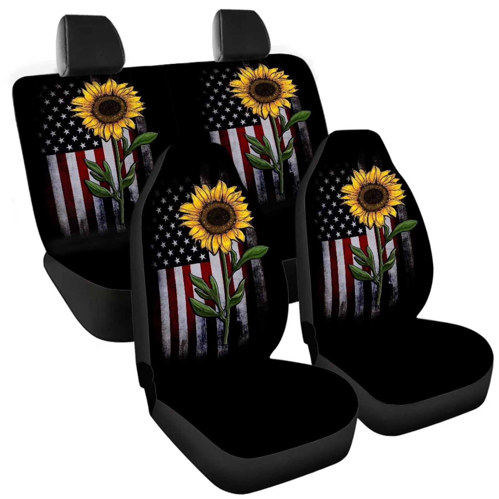 Howilath Sunflower American Flag July of 4th Patriotic Print 4 Pieces Car Seat Covers Full Set Interior Car Accessories Decor