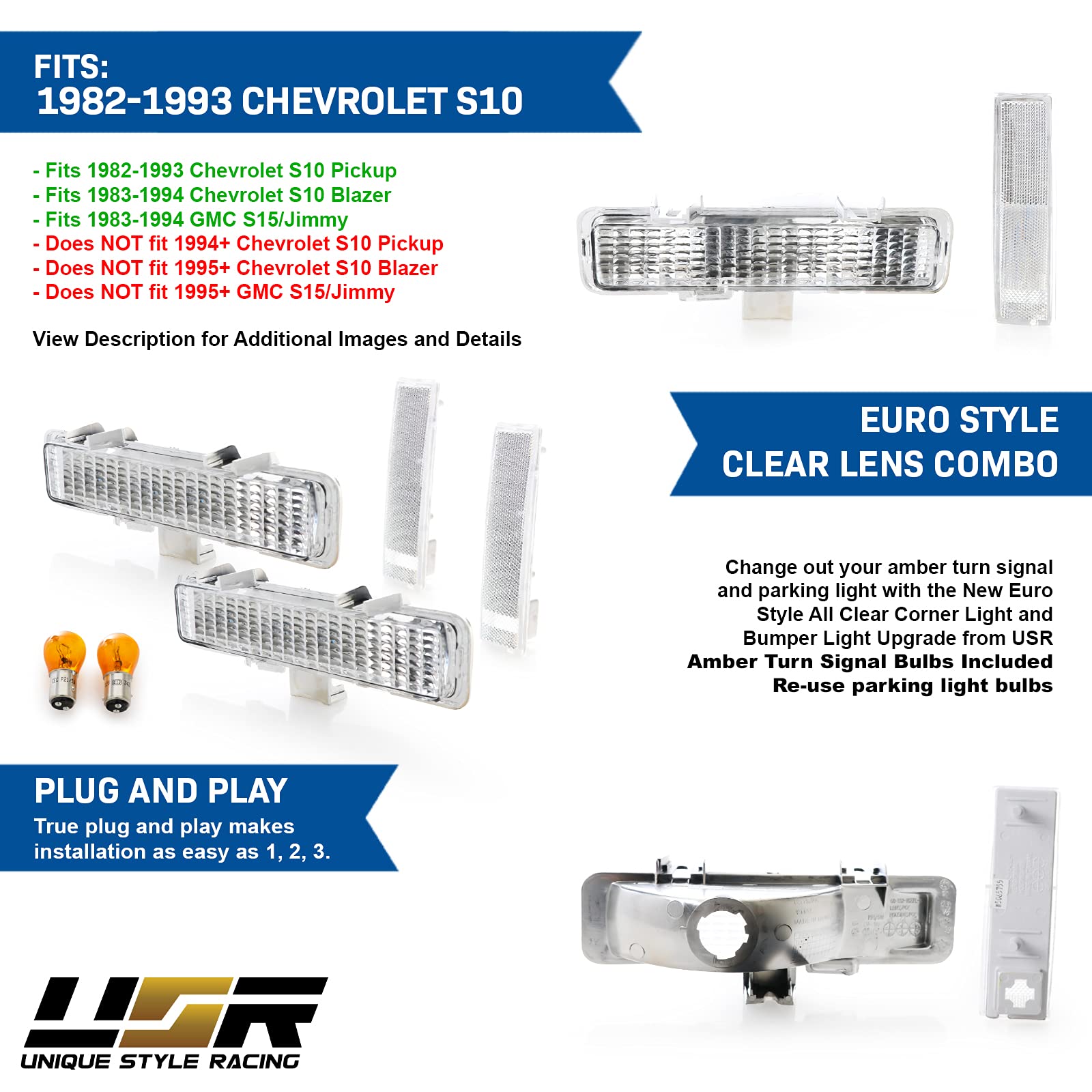 Usr 82-93 Chevy S10 Turn Signal Lights - Combo Clear Corner Sidemarkers + Bumper Lamps Set Compatible With 1982-1993 Chevrolet S