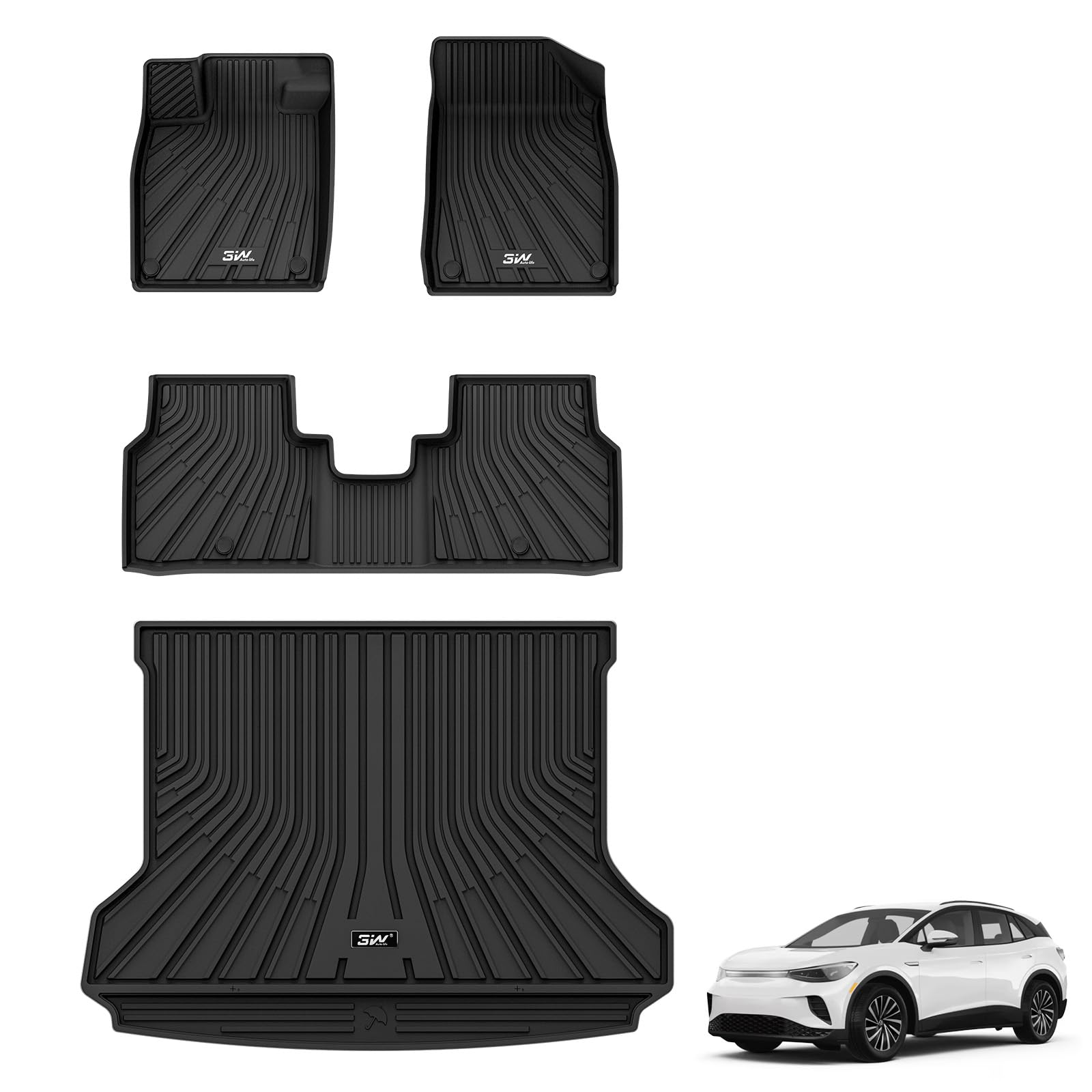 3W Floor Mats & Cargo Liner Fit For Volkswagen Id.4 2021-2024 2025, All Weather Id4 Accessories Custom Fit Floor Liner 1St, 2Nd