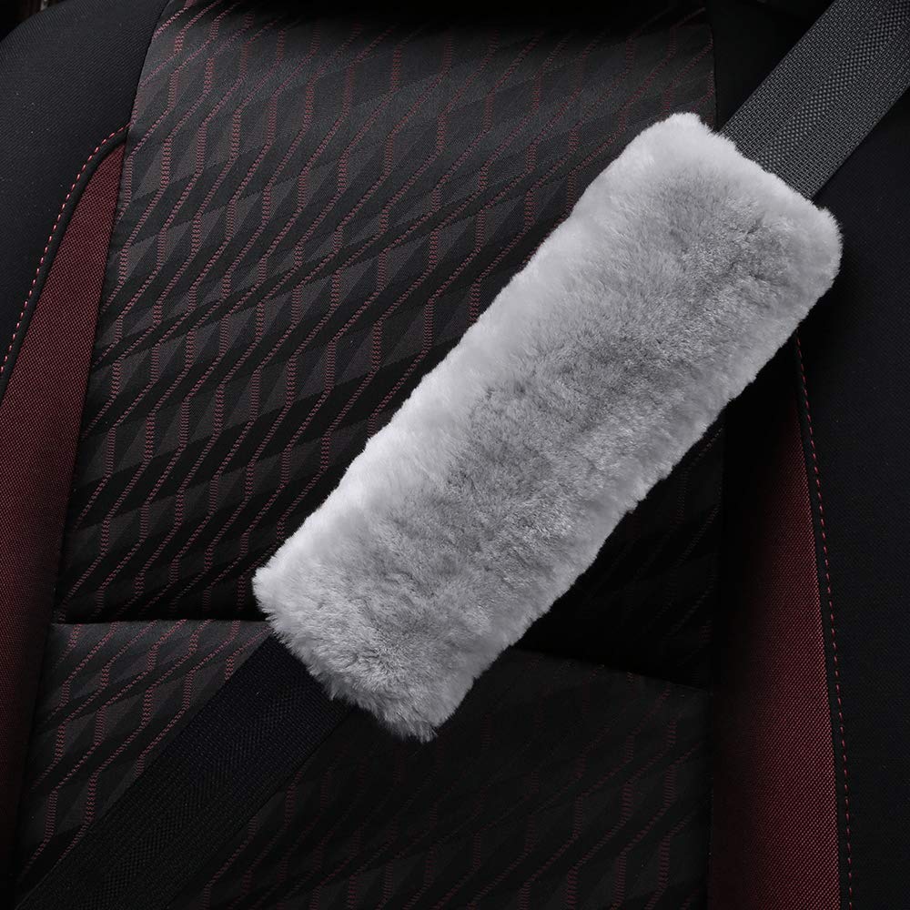 OGLAND Sheepskin Car Seat Belt Pad, 2 Pack Soft Shoulder Cushion Cover, Natural Merino Wool, Misty Gray, Car Accessories