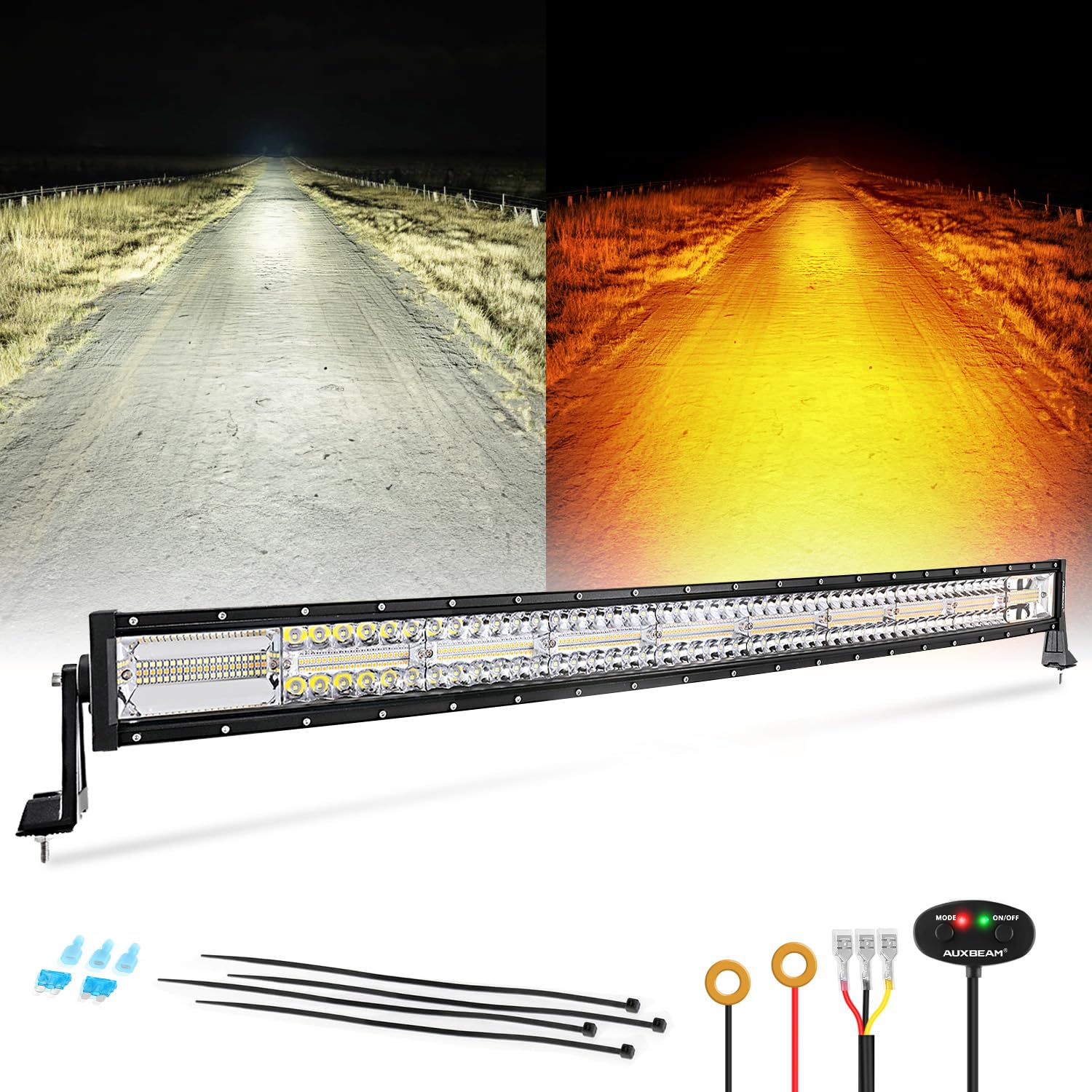 Auxbeam 6 Modes Amber White Series, 42 Inch 240W Curved Led Light Bar, Strobe Warning Flashing Dual Color Fog Light, Spot Flood