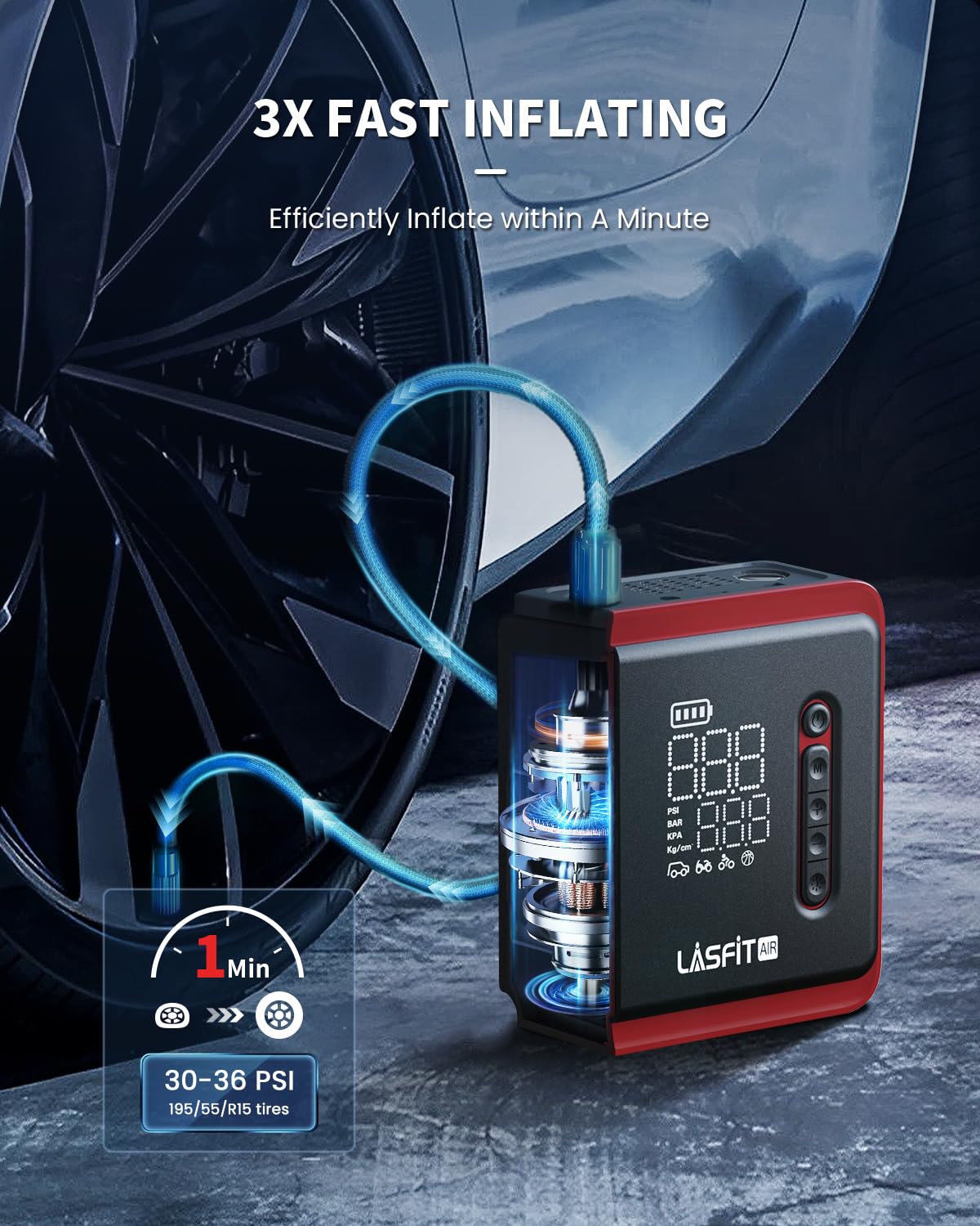 Lasfit Cr1 Car Tire Inflator Portable Air Compressor [3X Fast Inflafe All Suvs Sedans] Air Pump For Car Tires W/Digital Pressure Gauge, Auto Stop, 150Psi Electric 7800Mah Cordless 12V Corded Dual-Use