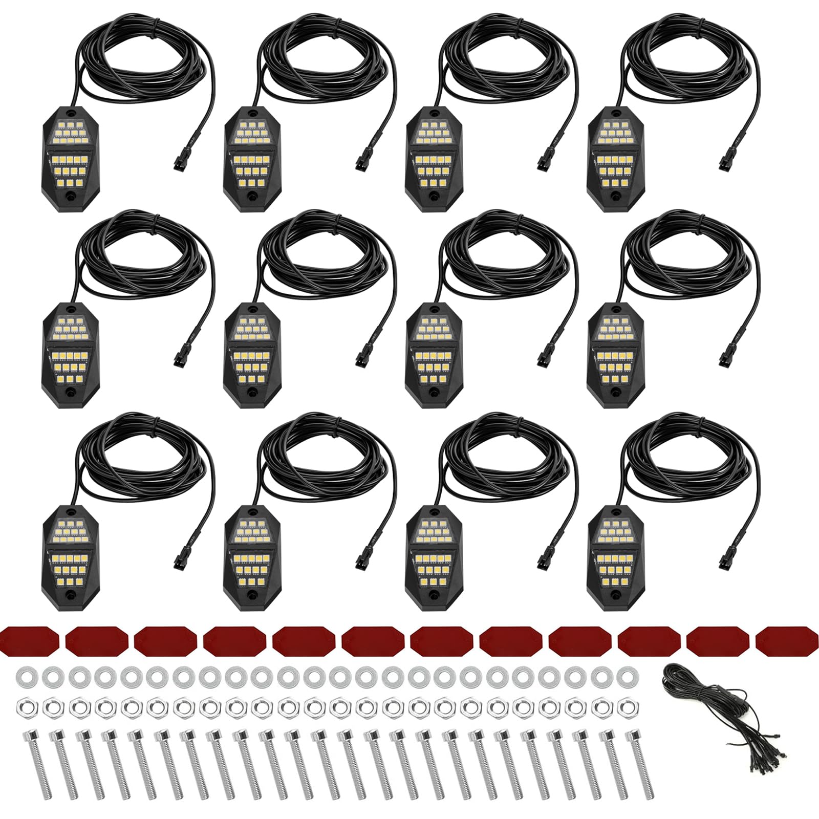 Winunite 12 Pods Quick Connect White Rock Lights, 24 Wide Angle Chips, 4M Extension Wires Each Light, 6000K Pure White, High Adh