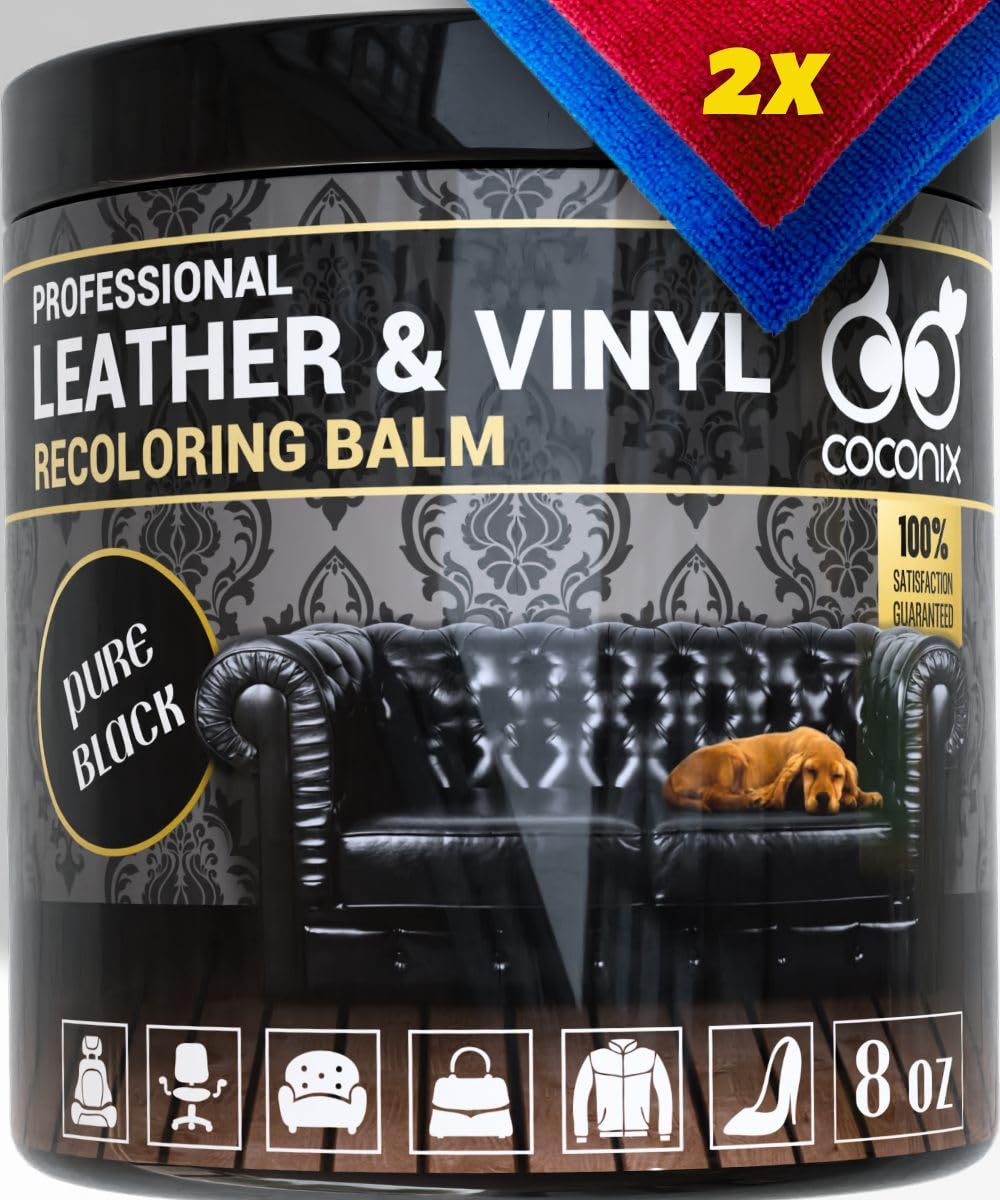 COCONIX Leather & Vinyl Recoloring Balm - Pure Black for Sofas, Chairs, and Car Seats - Restores Faded, Worn, and Peeling Surfaces