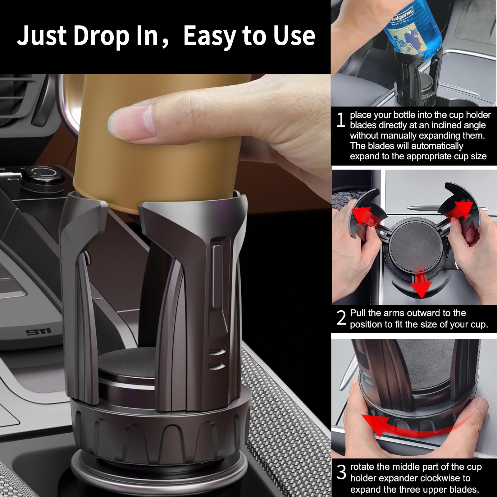Cup Holder Expander, Automatic Car Cup Holder Expander Holds Large Water Bottles, Compatible With Yeti, Stanley, Owala Tumbler &