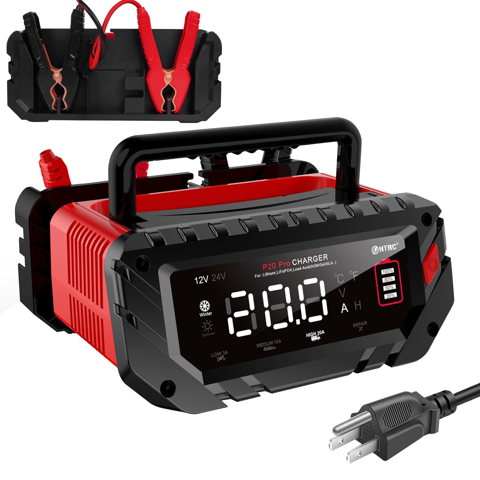 20 Amp Battery Charger, 12V/24V Fully-Automatic Smart Car Battery Charger, Lithium,Lifepo4 Float Charger, Trickle Charger, Maint
