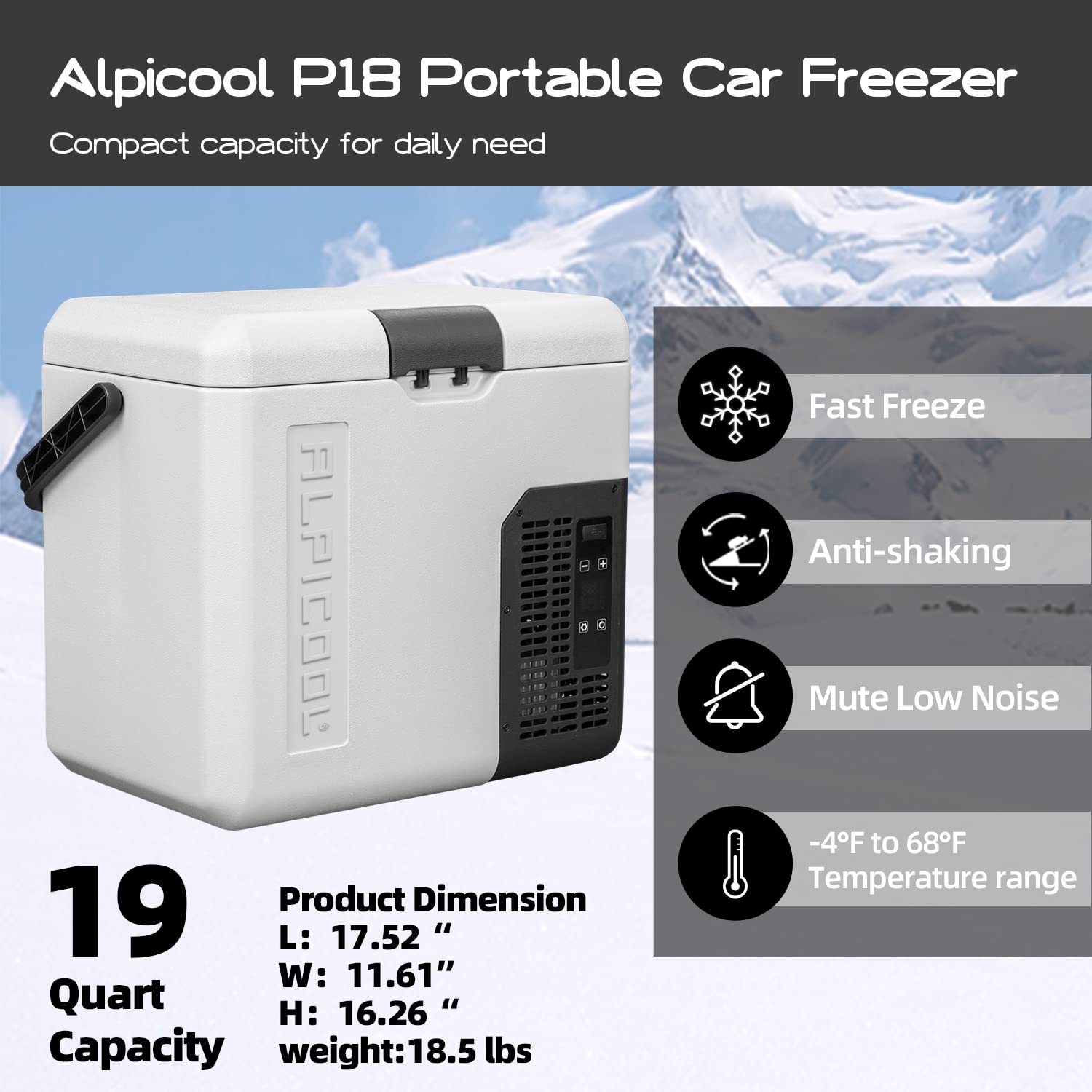 Alpicool P18 Portable Fridge 19 Quart 12V Car Refrigerator - Grey for Fishing, Camping, RV, Truck, Boat