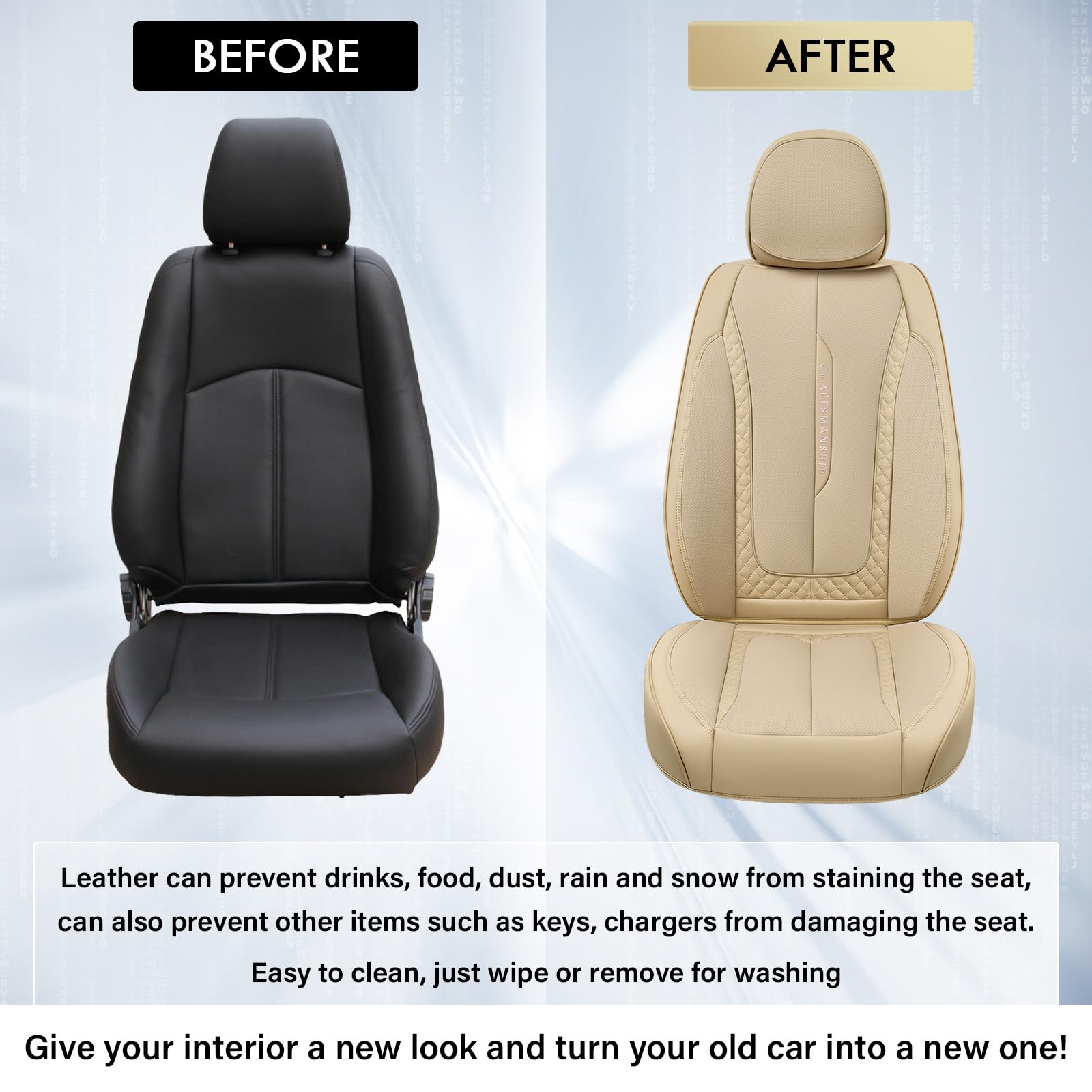Coverado Car Seat Cover Front Seat, Beige Seat Covers Front Seats, Nappa Leather Waterproof, Car Seat Cushion, Car Seat Protecto