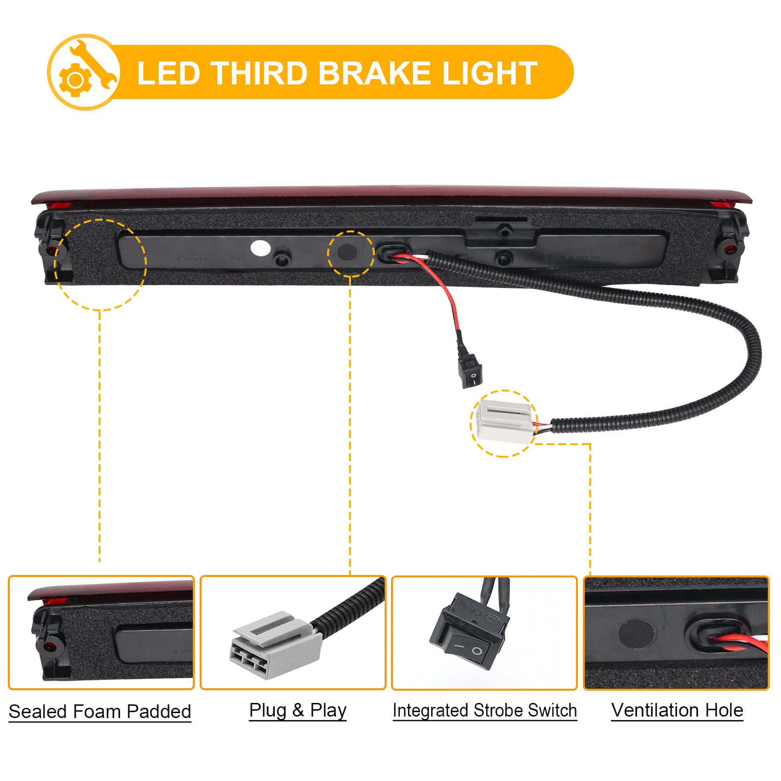 R&F Auto F1 Style Strobe Led Third Brake Light Replacement For F150 (1997-2003), F250 (1997-1999), Excursion (2000-2005) Roof Cargo Lights High Mount Stop Lamp With Seal Foam Gaskets Red Clear Lens