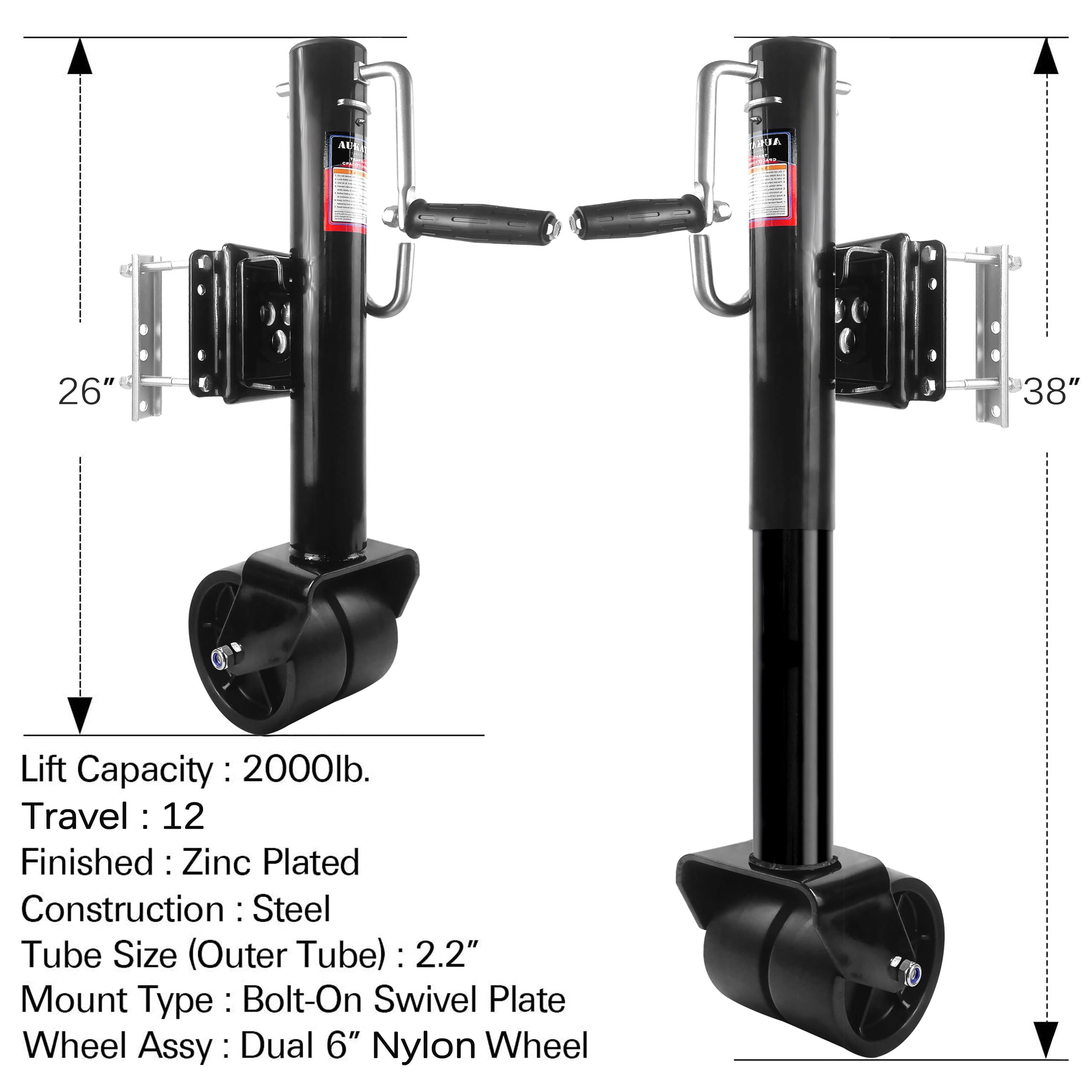 Aukayne Boat Trailer Jack With Wheel Swivel- 2000 Lbs 12'' Lift Heavy Duty (Black)