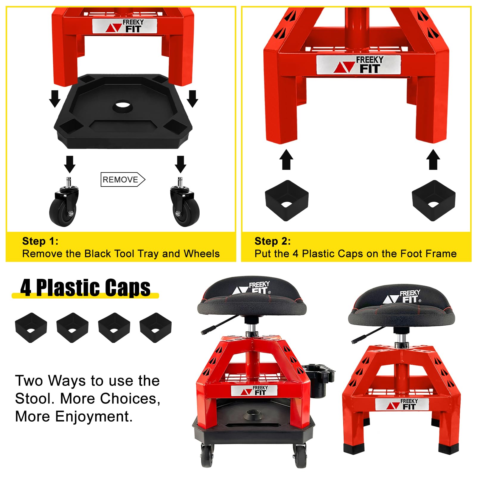 FreekyFit Rolling Shop Stool for Garage with Casters, DO02-Adjustable Height 360 Swivel Shop Seat with Tool Tray Storage, 330 LB