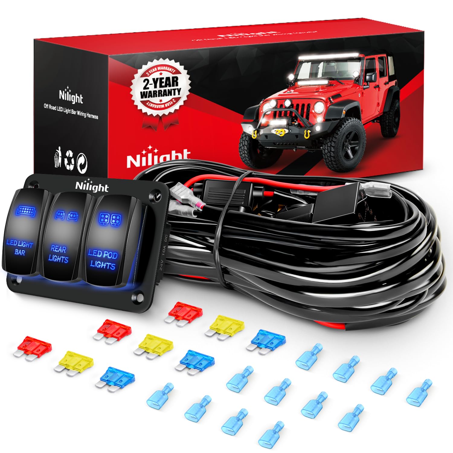 Nilight 16Awg Led Light Bar Wiring Harness Kit 12V On/Off 3 Gang Laser Etched Led Pod Lights Rocker Switch Panel Power Relay Fus