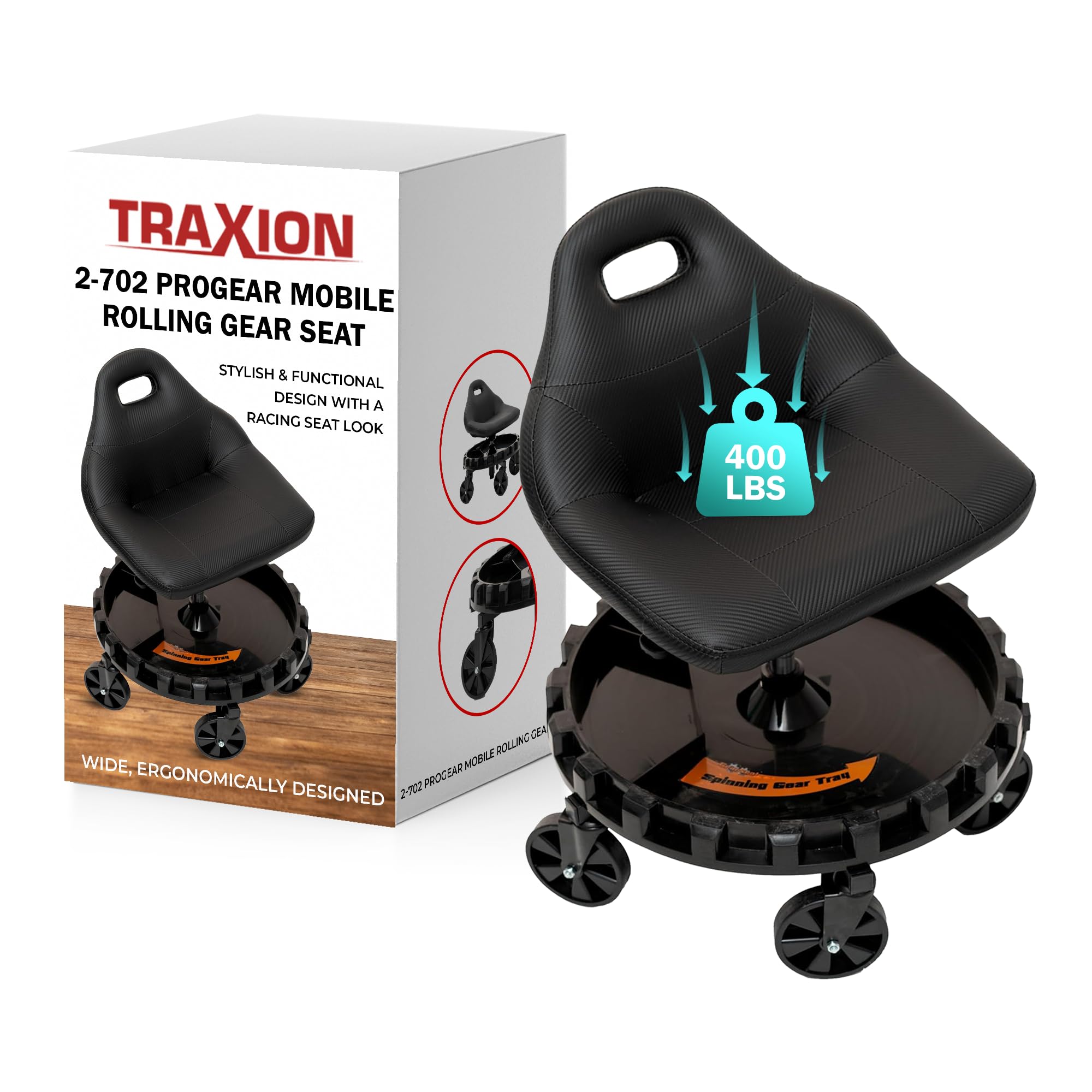 Traxion 400Lb Capacity 2-702 Carbon Fiber Simulated Progear Mobile Rolling Gear Seat