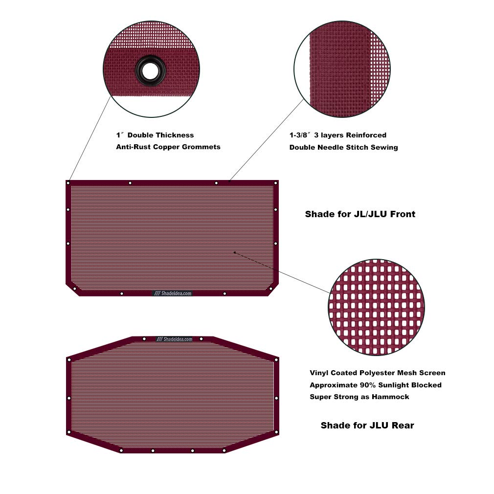 Shadeidea Sun Shade Top For Jeep Wrangler, Jl (2018-2023) 4 Door Top Sunshade, Front & Rear - Wine Red Jlu Mesh Screen Cover, Uv