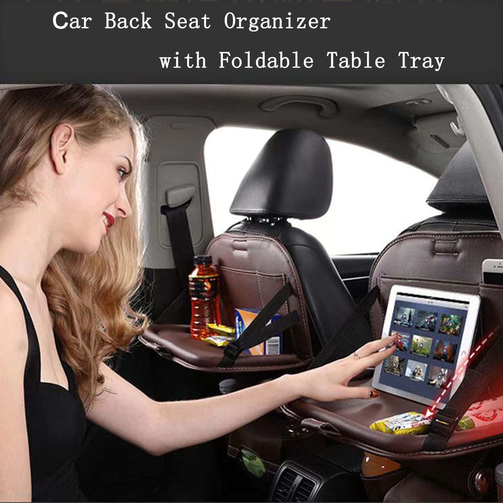 ASENDIWAY Premium PU Leather Backseat Seat Organizer with Foldable Table, Multi-Storage Pockets and Adjustable Buckle Strap - Be