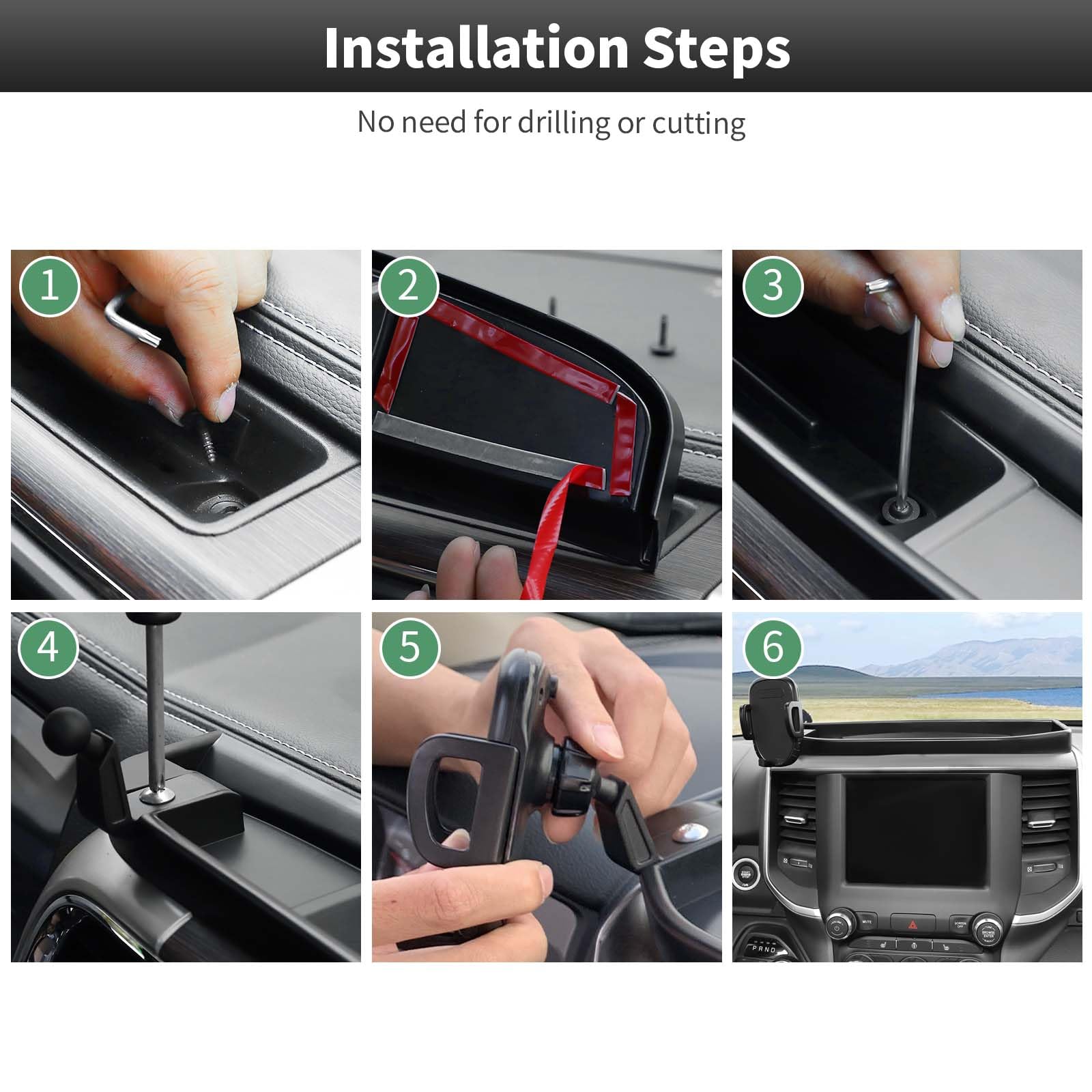 CheroCar for RAM Dash Mount Phone Holder Stoage Tray Phone Mount Organizer Compatible with 2018-2025 Dodge Ram 1500 2500 3500,Do