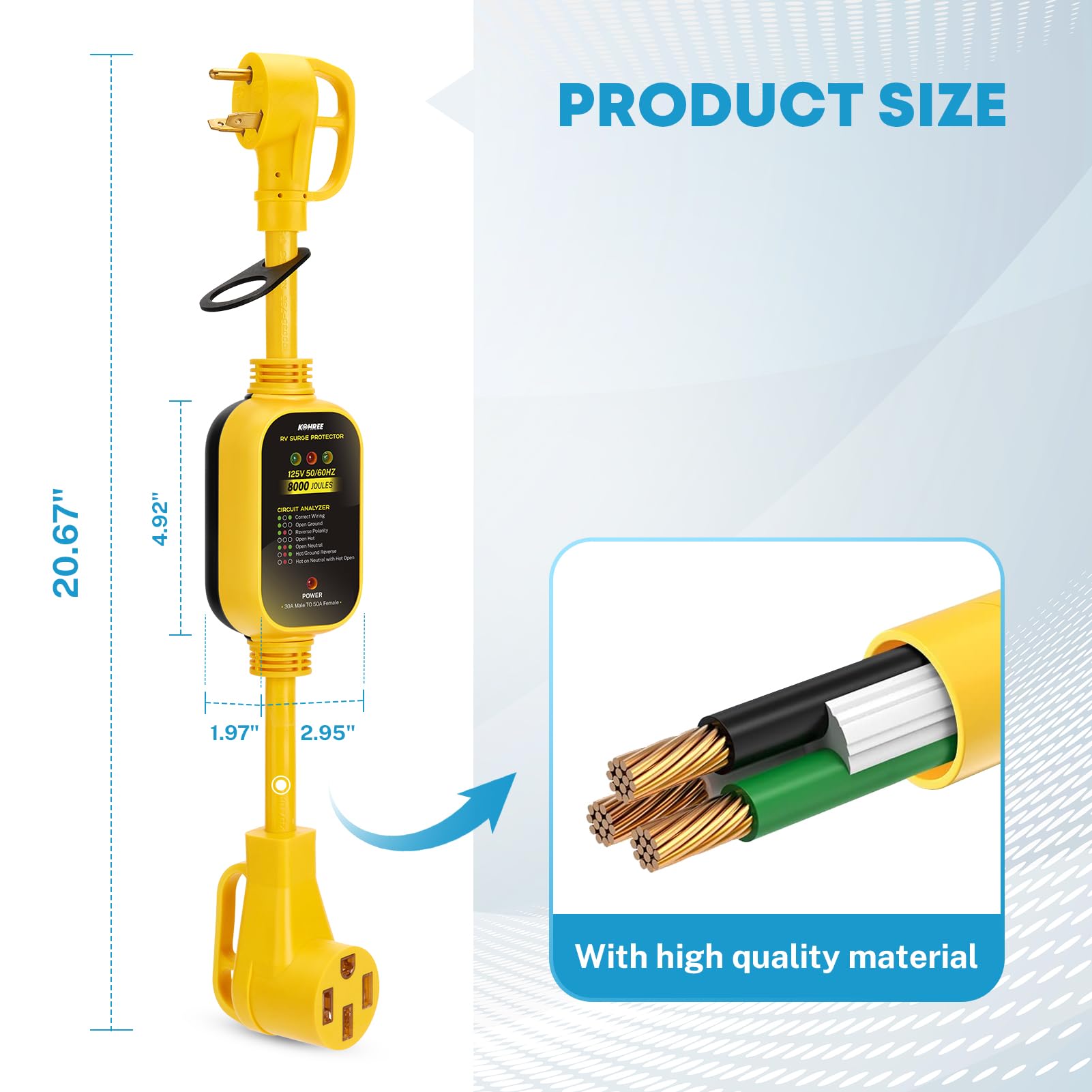 Kohree 30 Amp To 50 Amp Rv Adapter With Surge Protection, 8000 Joules Rv Surge Protector 30/50 Amp, Circuit Analyzer For Camper