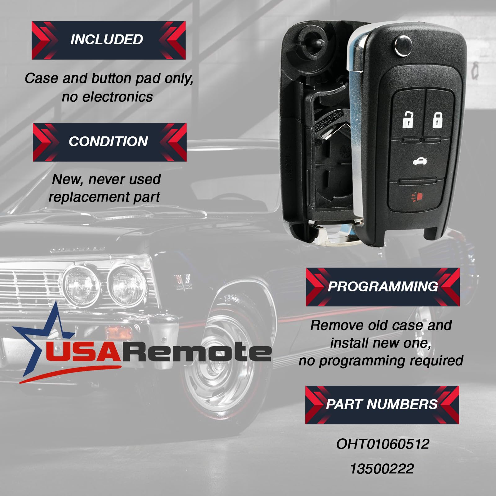 Key Fob Keyless Entry Remote Flip Shell Case & Pad fits Buick, Chevy, GMC