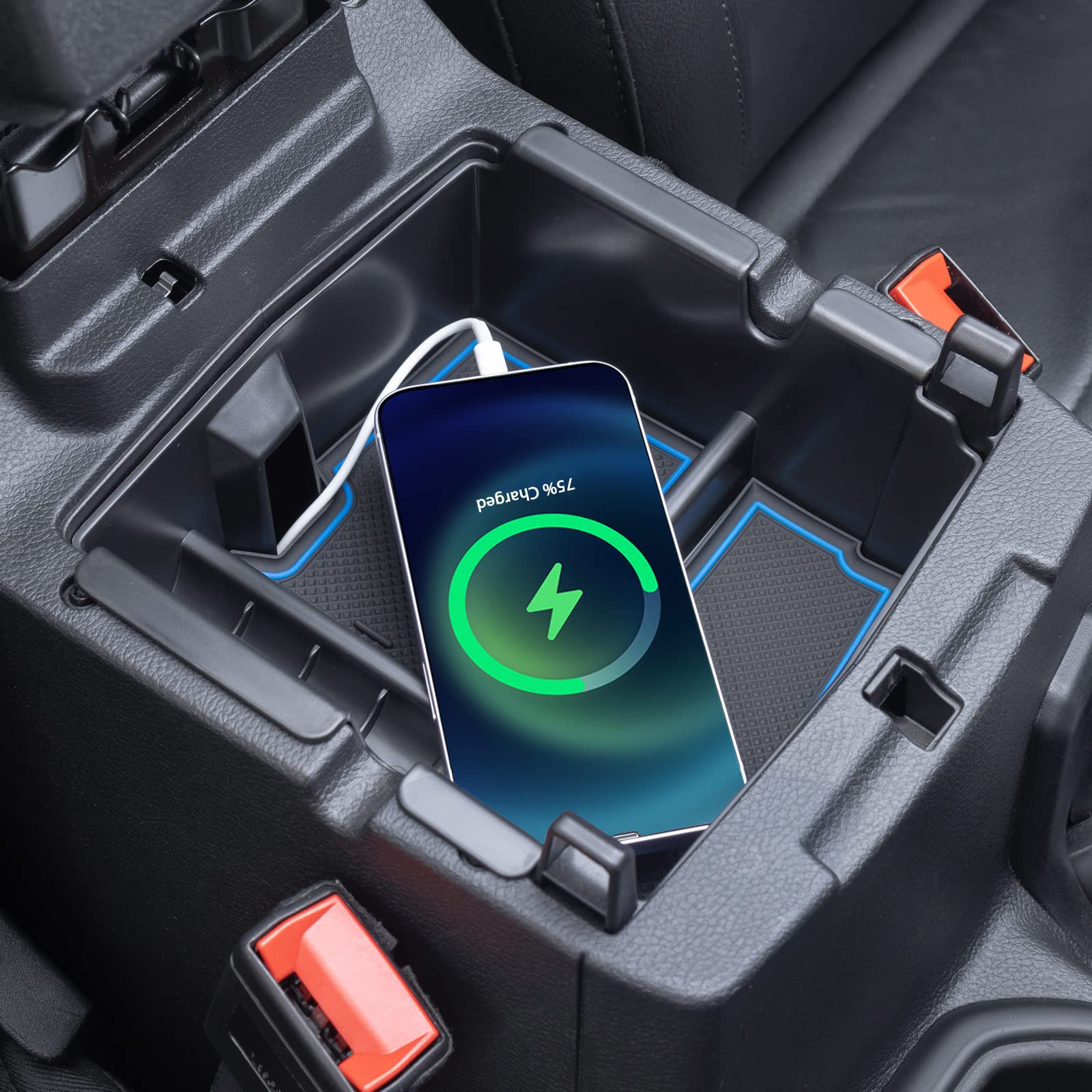 Compatible With Center Console Organizer Tray Wrangler Jl/Jlu 2018 2019 2020 2021 2022 2023 And Gladiator Jt Truck 2020 2021 2022 2023 Insert Armrest Accessories (Blue Trim) (Not For Jk/Jku)