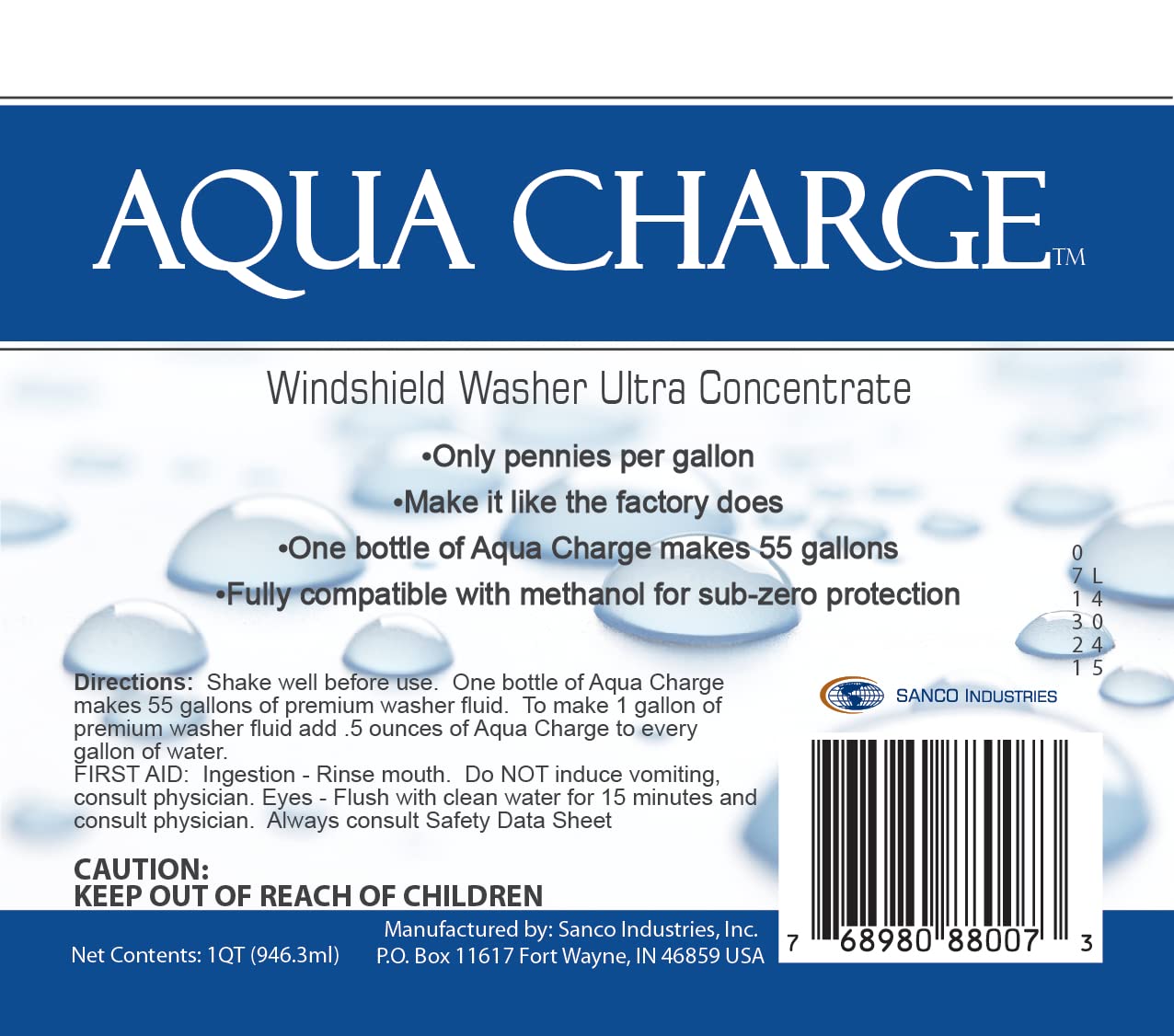 Sanco Industries Aqua Charge - Ultra Concentrated Windshield Washer Fluid - Makes 55 Gallons - 32 Ounce Bottle
