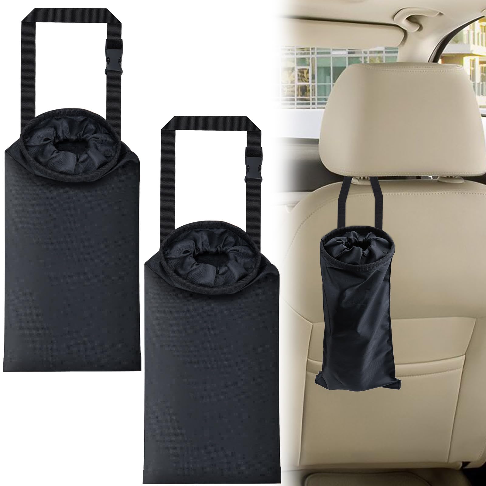 ecocstm 2 PCS Car Trash Bags, Washable Car Garbage Bag Hanging, Detachable Trash Can with Top Elastic Vent & Sticky Strap Bottom