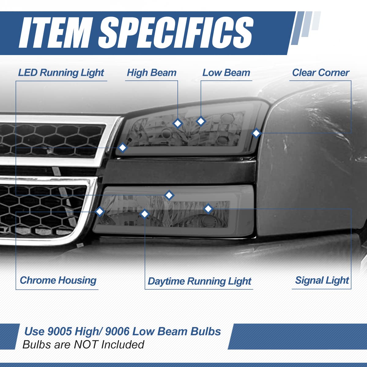 Auto Dynasty 4Pcs Led Drl Bumper Headlight Lamps Compatible With Chevy Silverado Avalanche 1500 2500 3500 03-07, Driver And Passenger Side, Smoked Lens Clear Corner