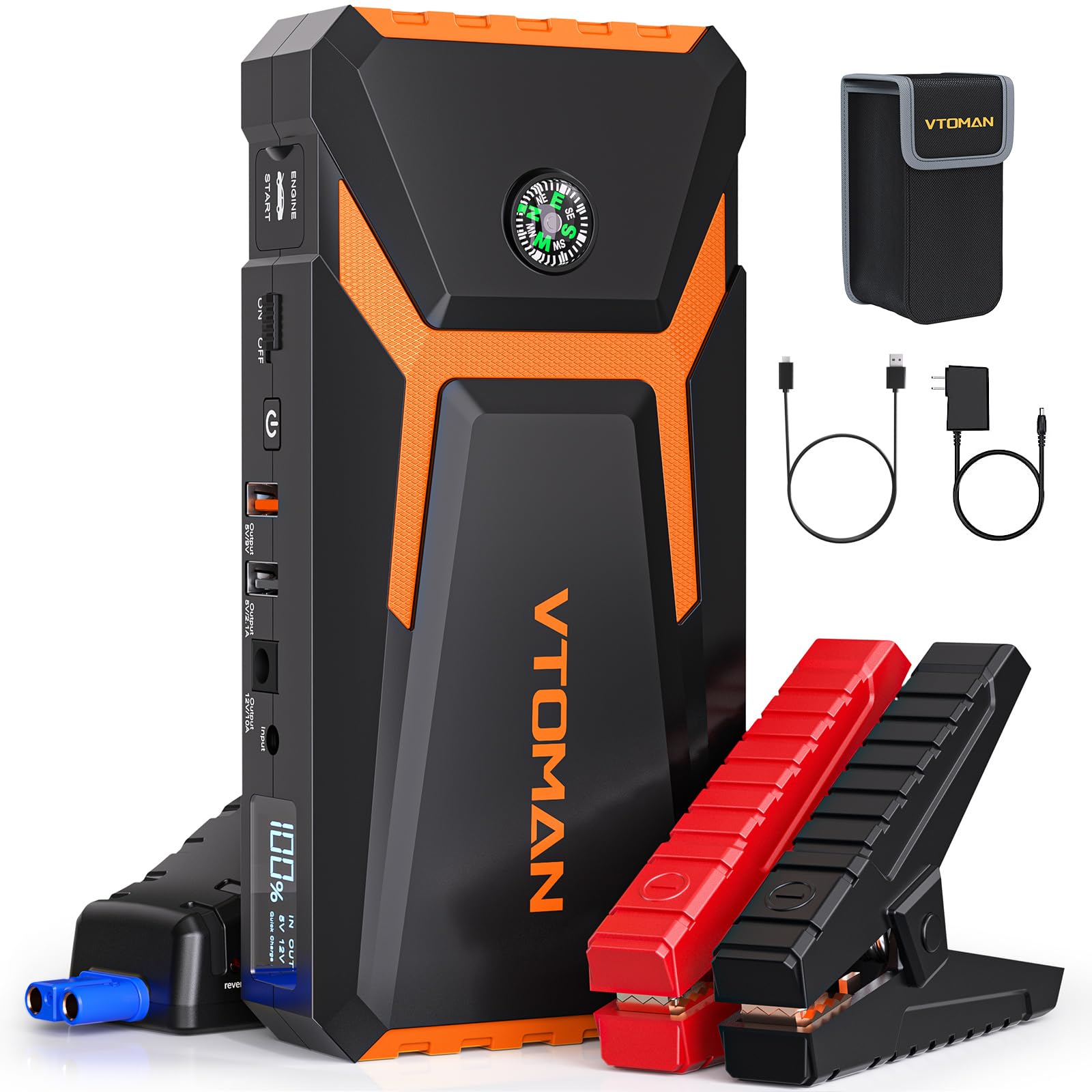 Vtoman V8 Jump Starter, 2000A Peak Battery Car Jump Starters For Up To 8L Gas And 6L Diesel Engines, Lcd Display Portable 12V Au