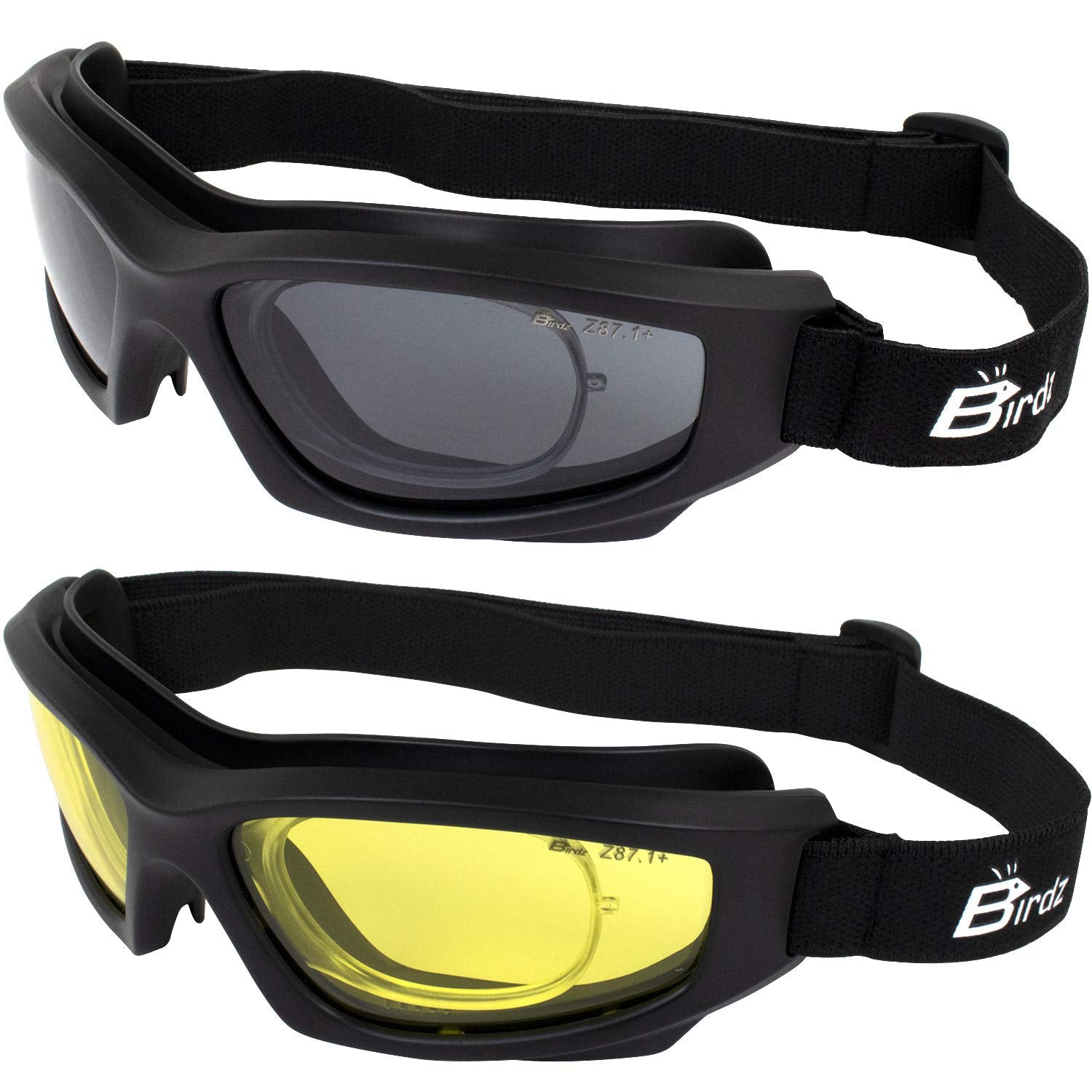 Birdz 2 Pairs Of Eyewear Flyer Extreme Sports Construction Super Seal Safety Goggles With Smoke & Yellow Lenses & Rx Adaptor