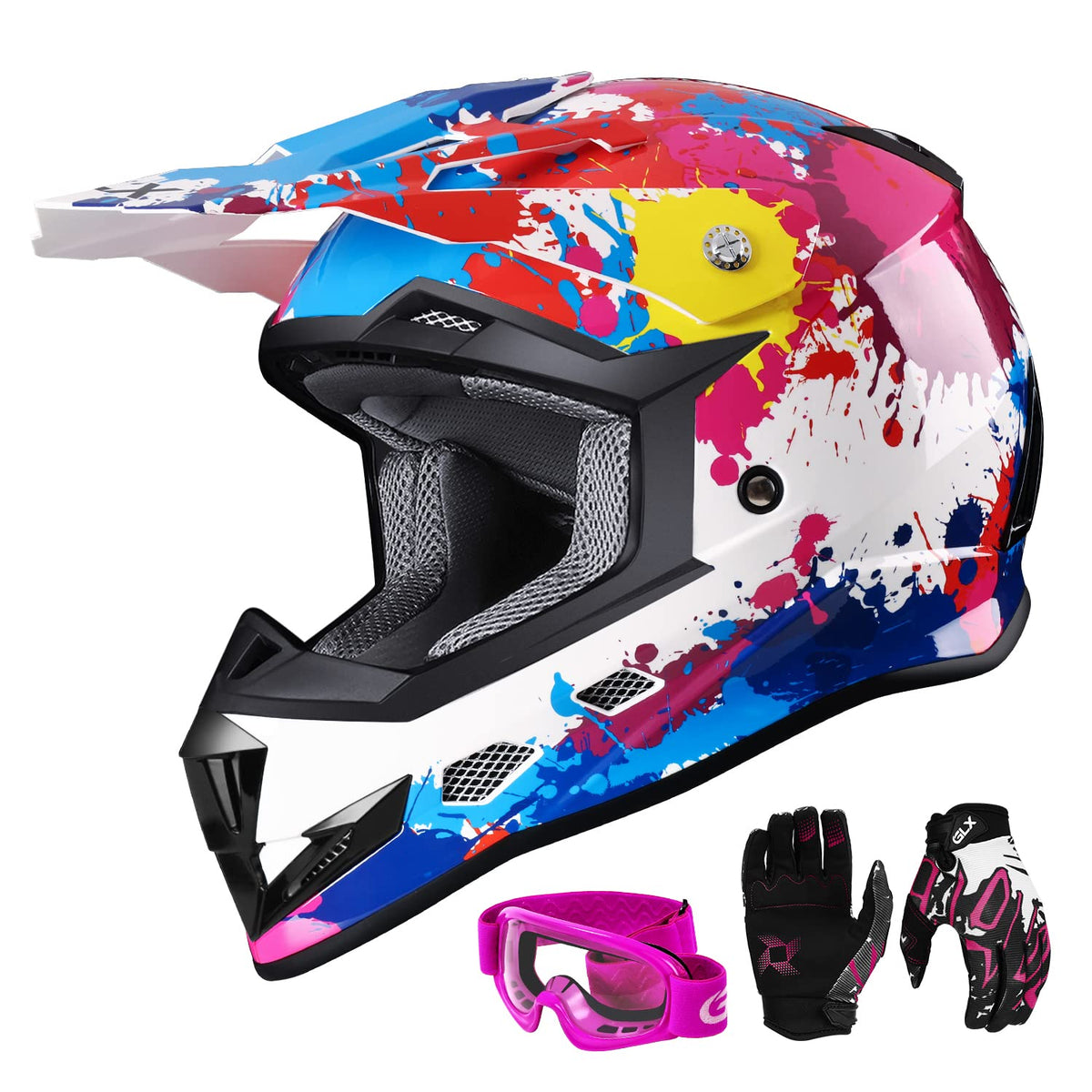 Glx Gx623 Dot Kids Youth Atv Off-Road Dirt Bike Motocross Motorcycle Full Face Helmet Combo Gloves Goggles For Boys & Girls (Gra