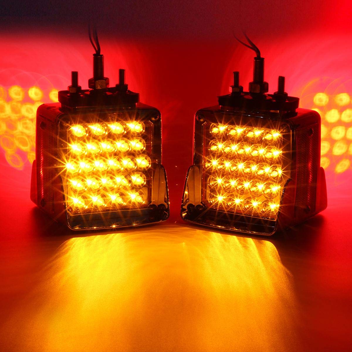 Partsam Double Face Square Led Fender Pedestal Lights Amber/Red 52 Led 3 Studs Mount Truck Trailer Stop Tail Turn Signal Lights