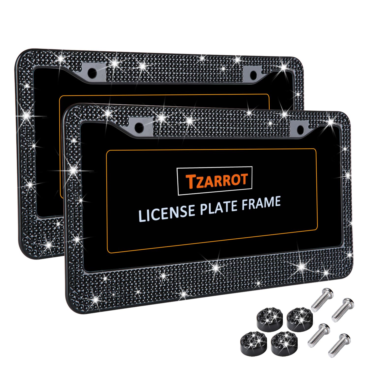 Tzarrot Black Bling License Plate Frame For Women Men, 2 Pack Black Rhinestone Diamond License Plate Frame, Glass Crystal Black